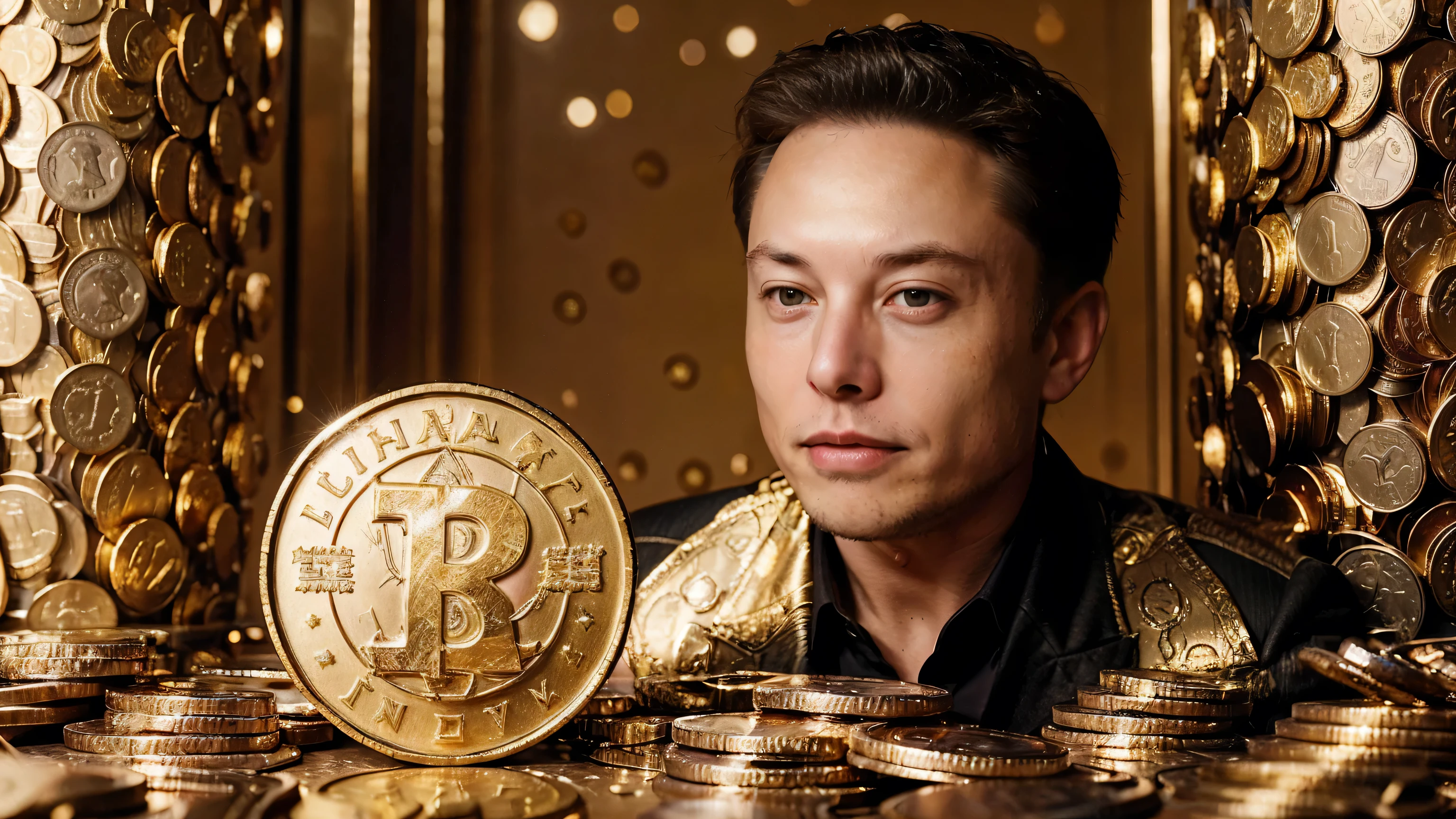 Elon Musk, A detailed and realistic image of a stranger in a suit, Surrounded by a of gold coins and diamonds, ultra-realistic image, hyper-detailed realistic skin, Look for an ultra-realistic image.