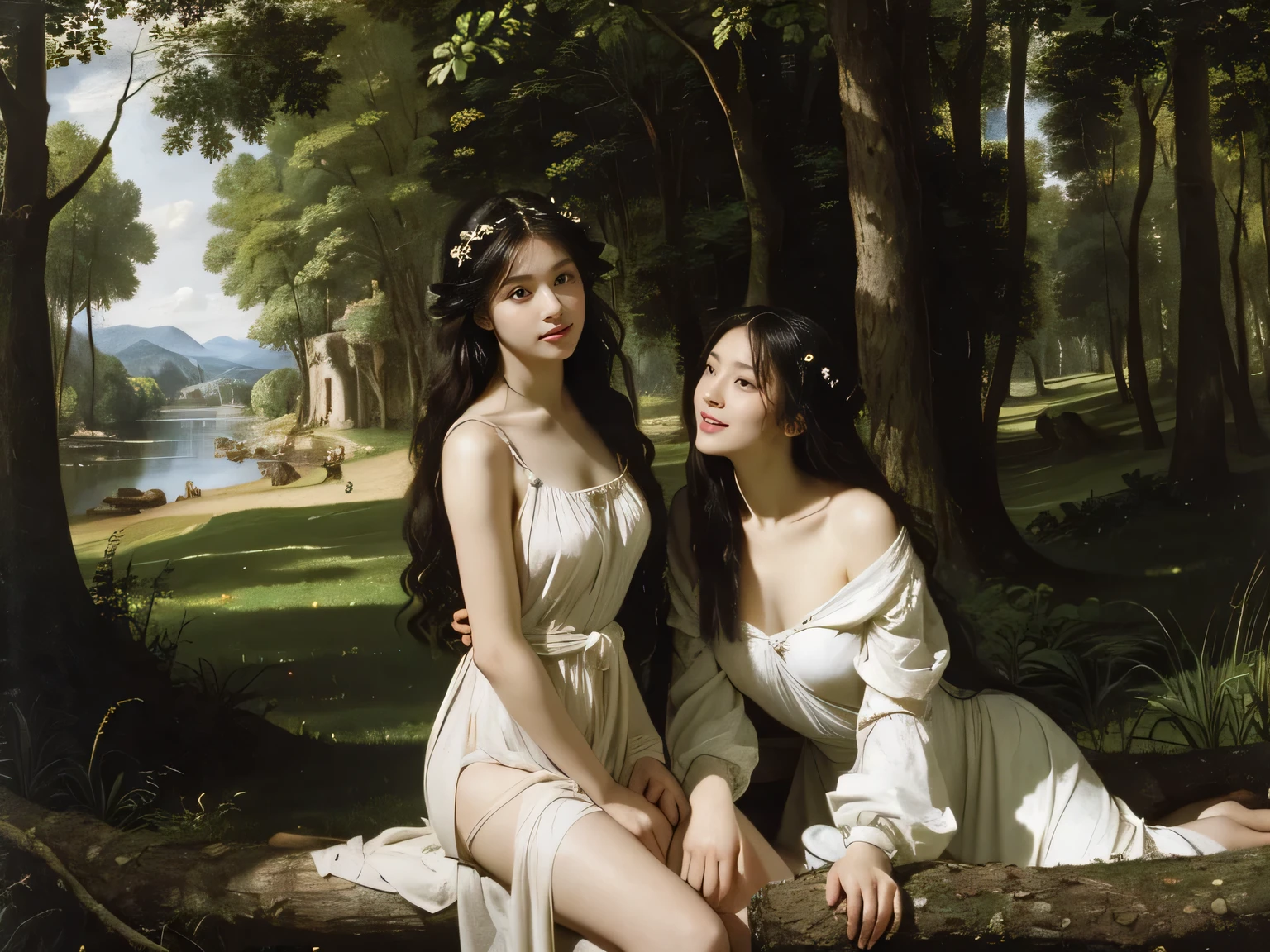 (masterpiece, best quality:1.5), oil painting by Leonardo da Vinci and Alfons Maria Mucha, (perfect anatomy:1.2), two gorgeous and stunning pale-skinned young pregnant goddesses is deeply in love with each other, kiss, fantastic make-up, jewelry, flower