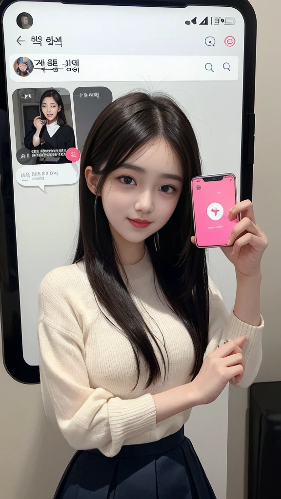 (high quality), (NSFW:1.2), Split screen vertically, 1 girl and 1 man are dating online by exchanging own photos and messages using a smartphone chatting app, 18 years old, korean, long distance relationship, The text is written in English., they weared korean high school uniforms, whole body, Focus your eyes on your phone screen and be happy, Upload your photos to an online community using a smartphone app, Men are crazy about her posts online, just like cartoon cuts., They're sending her messages asking to chat, You are amused by their reactions, light makeup, slim figure, (girl weared thin and natural pantyhose : 1.9), (girl weared slim high_school uniform_pencil skirt and blouse : 1.6),(a man weared high school uniform_shirts and pants:1.5), (they weared school uniform_blazer and tie), One woman and several men, Men's and women's cuts are separated