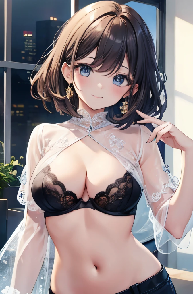 Highest quality,8k,High definition,,smile,blouse,navel,See-through bra
