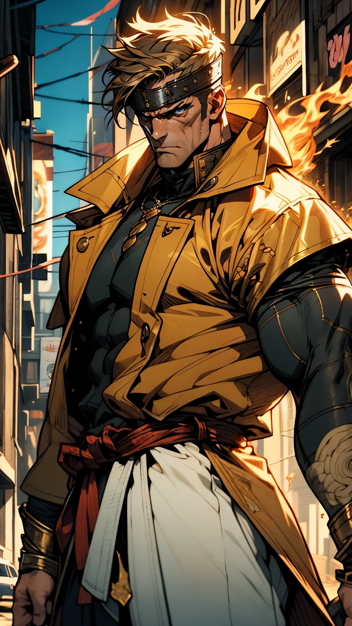 A man with short golden hair, middle-parted bangs, a hexagonal metal forehead protector, round glaring eyes filled with anger, a furious expression, chiseled facial features, a muscular build, an orange fantasy martial arts-style coat with flame-shaped decorations on the collar, a luxurious red and white undershirt, matching trousers, the backdrop of a fantasy-style city street, this character embodies a finely crafted fantasy martial arts-style warrior in anime style, exquisite and mature manga art style, dramatic, high definition, best quality, highres, ultra-detailed, ultra-fine painting, extremely delicate, professional, perfect body proportions, golden ratio, anatomically correct, symmetrical face, extremely detailed eyes and face, high quality eyes, creativity, RAW photo, UHD, 32k, Natural light, cinematic lighting, masterpiece-anatomy-perfect, masterpiece:1.5