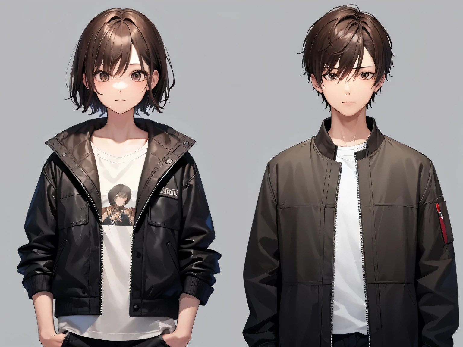 rkgk, lineart, 1boy, 1girl, brown hair, brown eyes, short hair, jacket, shirt, pants, casual clothes, grey background, transparent background, portrait
