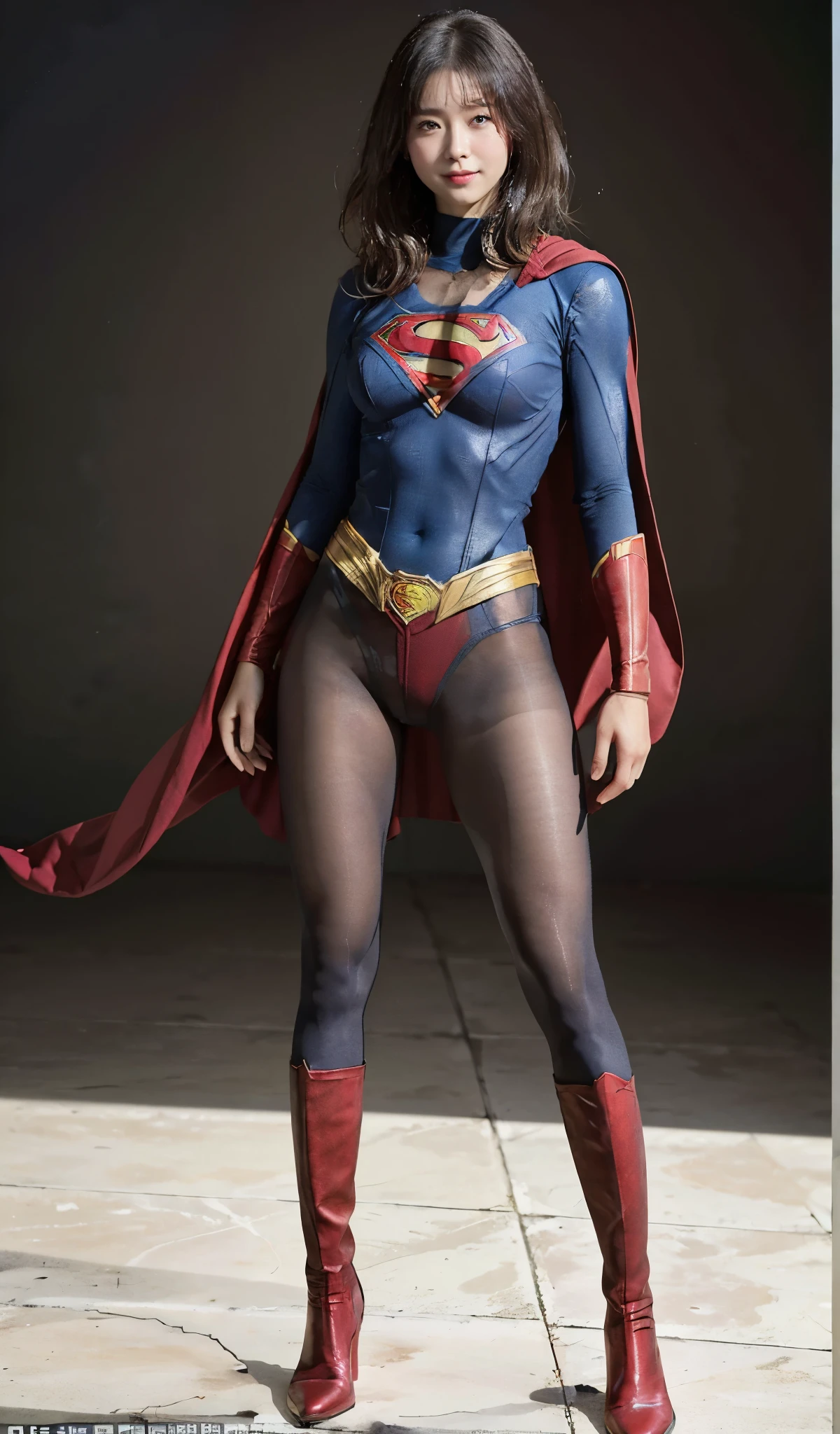 No background、(((Beautiful legs in black tights.)))、(((Legally express the beauty of your smile)))、((((Make the most of your original images)))、(((Supergirl Costume)))、(((Beautiful short bob hair)))、(((suffering)))、(((Please wear black tights....、Wear red boots)))、((Best image quality、8k))、((highest quality、8k、masterpiece:1.3))、(((Preserve background )))、Sharp focus:1.2、Beautiful woman with perfect figure:1.4、Slim Abs:1.2、Wet body:1.5、Highly detailed face and skin texture、8k