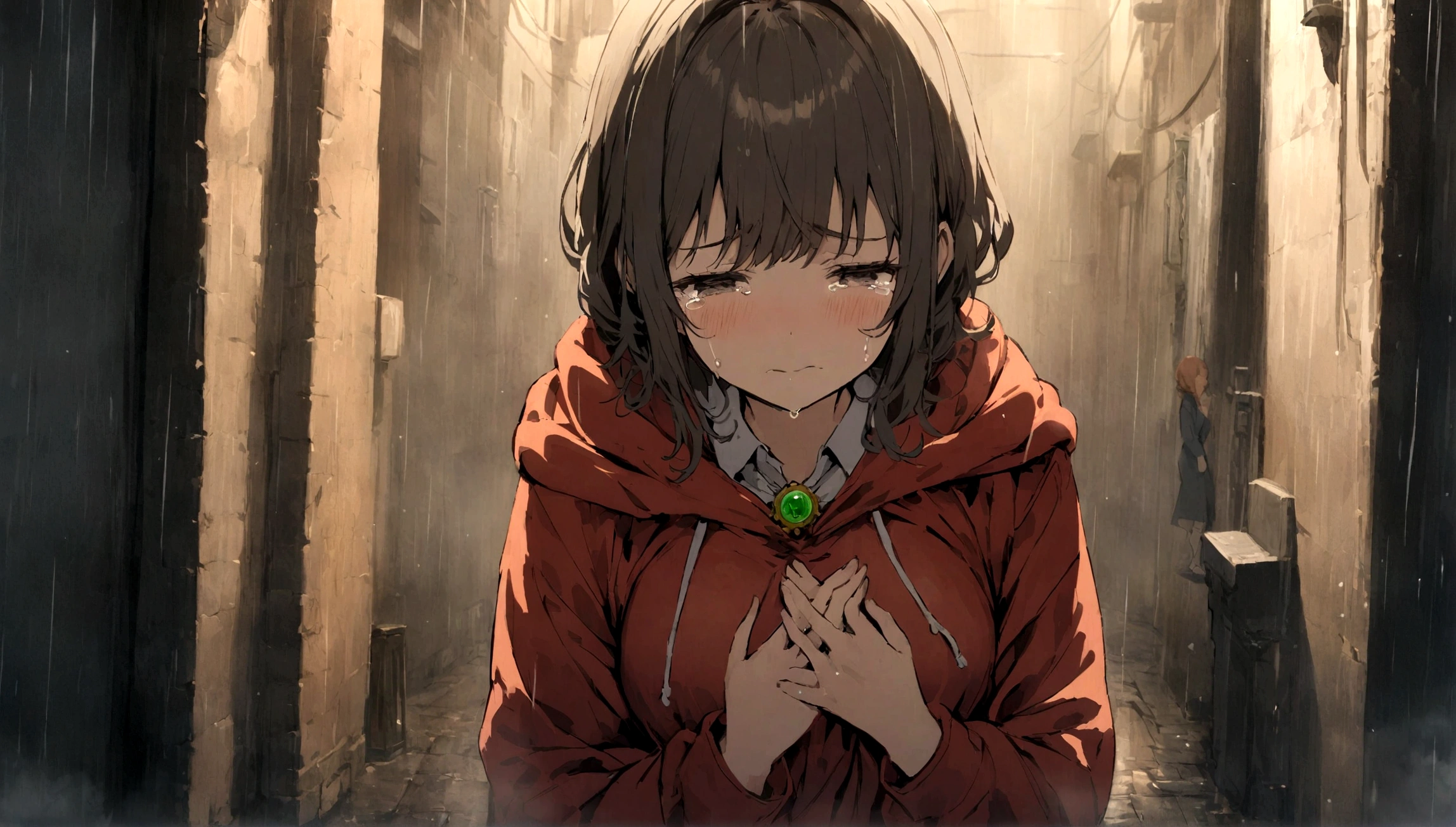 In heavy rain、A woman with a sad expression in an alley, ((Place your hands on your chest)), Tears on my cheeks, hoodie, Vision, Cinematic Plan