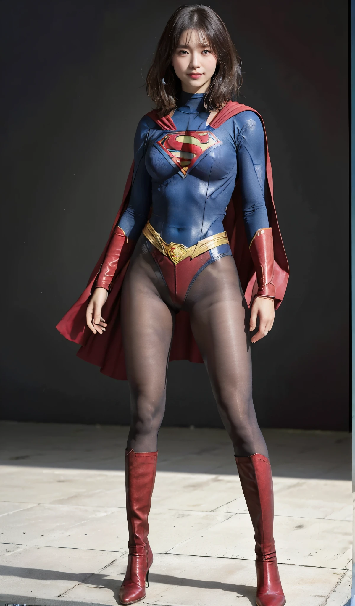 No background、(((Beautiful legs in black tights.)))、(((Legally express the beauty of your smile)))、((((Make the most of your original images)))、(((Supergirl Costume)))、(((Beautiful short bob hair)))、(((suffering)))、(((Please wear black tights....、Wear red boots)))、((Best image quality、8k))、((highest quality、8k、masterpiece:1.3))、(((Preserve background )))、Sharp focus:1.2、Beautiful woman with perfect figure:1.4、Slim Abs:1.2、Wet body:1.5、Highly detailed face and skin texture、8k