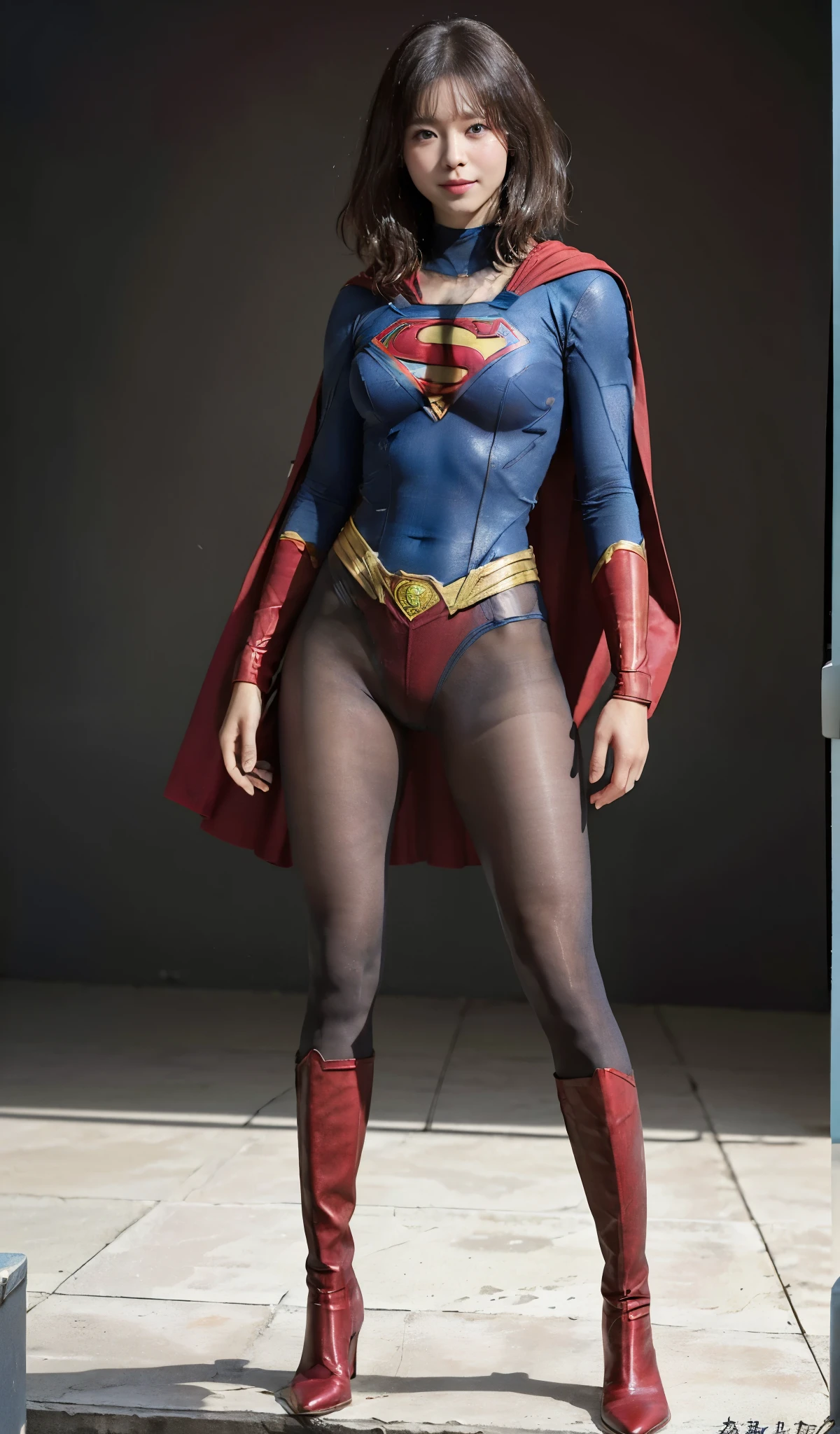 No background、(((Beautiful legs in black tights.)))、(((Legally express the beauty of your smile)))、((((Make the most of your original images)))、(((Supergirl Costume)))、(((Beautiful short bob hair)))、(((suffering)))、(((Please wear black tights....、Wear red boots)))、((Best image quality、8k))、((highest quality、8k、masterpiece:1.3))、(((Preserve background )))、Sharp focus:1.2、Beautiful woman with perfect figure:1.4、Slim Abs:1.2、Wet body:1.5、Highly detailed face and skin texture、8k