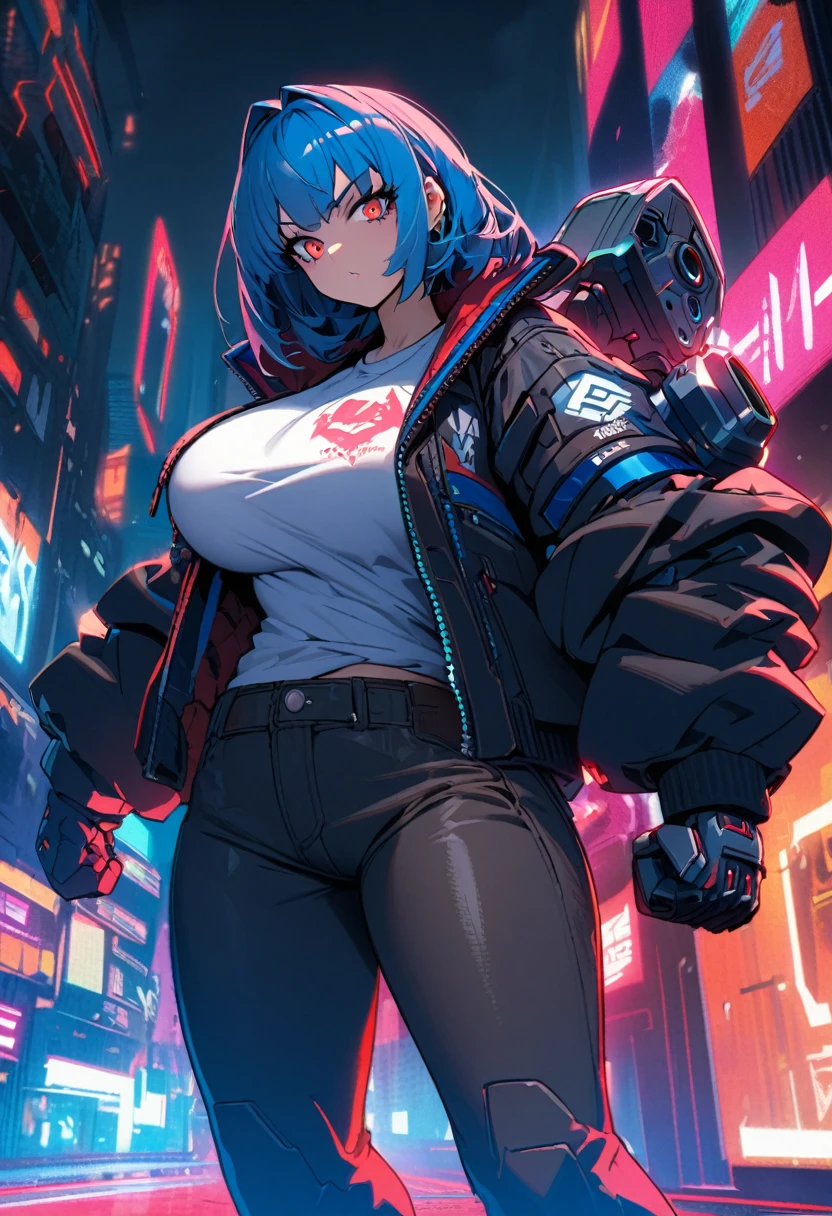 a girl Red blue doomsday punk head cyberpunk jacket shirt Huge mechanical power left fist High tech heavy sword big breasts sci-fi city Hero character design