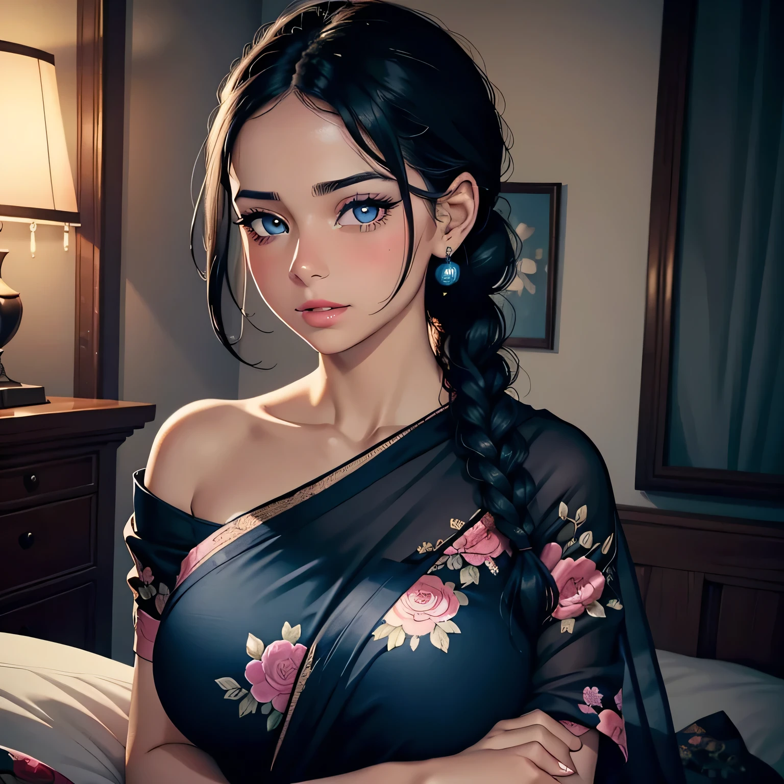 Amazing portrait of a sexy woman with her black hair tied in a braid and a beautiful fair toned face with amazing eyes and her perfect lips parted with blush on her cheeks with a flustered yet lustful expression on her face wearing a black blouse paired with a sheer floral blue saree in a bedroom at night time