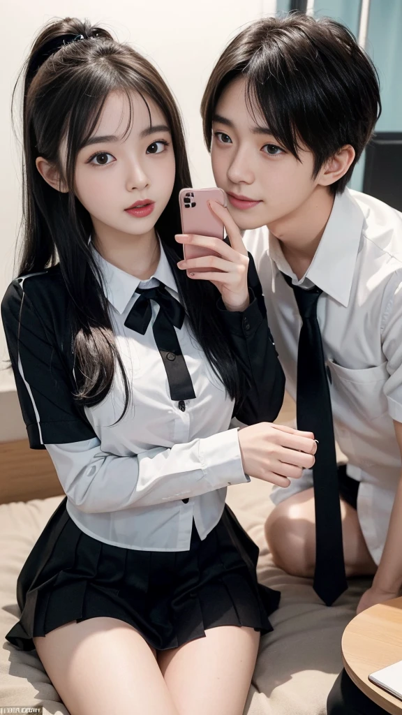 (high quality), (NSFW:1.2), Split screen vertically, 1 girl and 1 man are dating online by exchanging own photos and messages using a smartphone chatting app, 18 years old, korean, long distance relationship, The text is written in English., they weared korean high school uniforms, whole body, Focus your eyes on your phone screen and be happy, Upload your photos to an online community using a smartphone app, Men are crazy about her posts online, just like cartoon cuts., They're sending her messages asking to chat, You are amused by their reactions, light makeup, slim figure, (girl weared thin and natural pantyhose : 1.9), (girl weared slim high_school uniform_pencil skirt and blouse : 1.6),(a man weared high school uniform_shirts and pants:1.5), (they weared school uniform_blazer and tie),