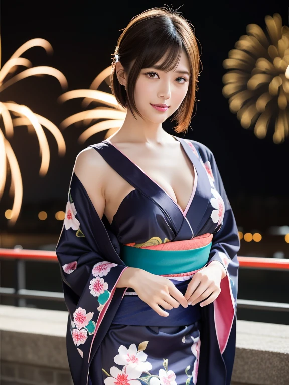 (Best quality: 1.5), (Realistic: 1.5), (1 person: 1.5), (Very detailed), (High resolution), 8k, shoot from below, (Japanese woman), (medium breasts), natural colored lips, cute smile, 20 year old girl, (beautiful and elaborate face), (perfect and beautiful face), (big eyes), (beautiful and elaborate face), (left and right balance) Beautiful eyes), Beautiful double eyelids, Perfect and beautiful face, Thin arched eyebrows, Slim face, (Slim figure), Beautiful thin nose, Beautiful skin, (Medium bob hair), Natural bangs, Fair skin, Front view lighting, (lighting the face), dark eyes, slim waistline, slender beautiful legs, (yukata), high-class obi, beautiful collarbone, high-class yukata, beautiful shoulders, beautiful breasts, beautiful breasts A yukata that shows off her cleavage (brightly colored fireworks are set off at a night festival), summer,