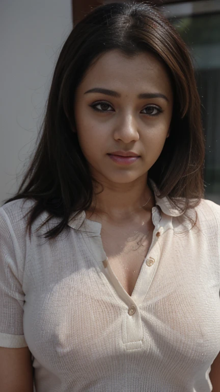 Trisha, face ,trisha krishnan,trks woman, (half body closeup),Best quality, realistic, ultra high resolution, 25 year old woman, average size, (((big cheeks, longer face))), fleshy , bedroom, selfie,(( beautiful fleshy face)), ((( ultrarealistic))), collared red tshirt