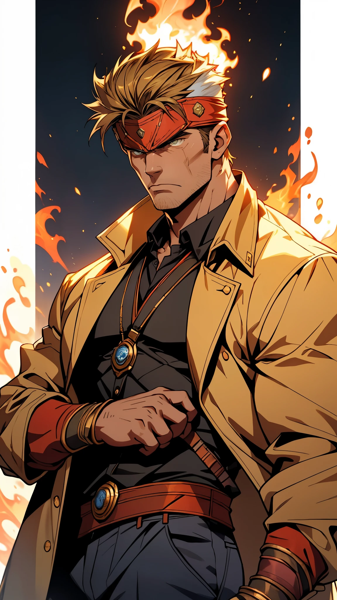 A man with short golden hair, middle-parted bangs, a hexagonal metal forehead protector, round glaring eyes filled with anger, a furious expression, chiseled facial features, a muscular build, an orange fantasy martial arts-style coat with flame-shaped decorations on the collar, a luxurious red and white undershirt, matching trousers, the backdrop of a fantasy-style city street, this character embodies a finely crafted fantasy martial arts-style warrior in anime style, exquisite and mature manga art style, dramatic, high definition, best quality, highres, ultra-detailed, ultra-fine painting, extremely delicate, professional, perfect body proportions, golden ratio, anatomically correct, symmetrical face, extremely detailed eyes and face, high quality eyes, creativity, RAW photo, UHD, 32k, Natural light, cinematic lighting, masterpiece-anatomy-perfect, masterpiece:1.5