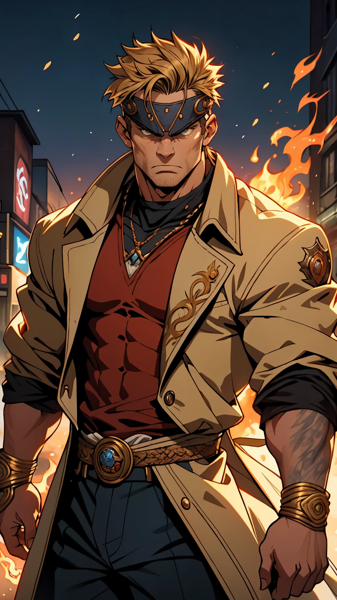 A man with short golden hair, middle-parted bangs, a hexagonal metal forehead protector, round glaring eyes filled with anger, a furious expression, chiseled facial features, a muscular build, an orange fantasy martial arts-style coat with flame-shaped decorations on the collar, a luxurious red and white undershirt, matching trousers, the backdrop of a fantasy-style city street, this character embodies a finely crafted fantasy martial arts-style warrior in anime style, exquisite and mature manga art style, dramatic, high definition, best quality, highres, ultra-detailed, ultra-fine painting, extremely delicate, professional, perfect body proportions, golden ratio, anatomically correct, symmetrical face, extremely detailed eyes and face, high quality eyes, creativity, RAW photo, UHD, 32k, Natural light, cinematic lighting, masterpiece-anatomy-perfect, masterpiece:1.5