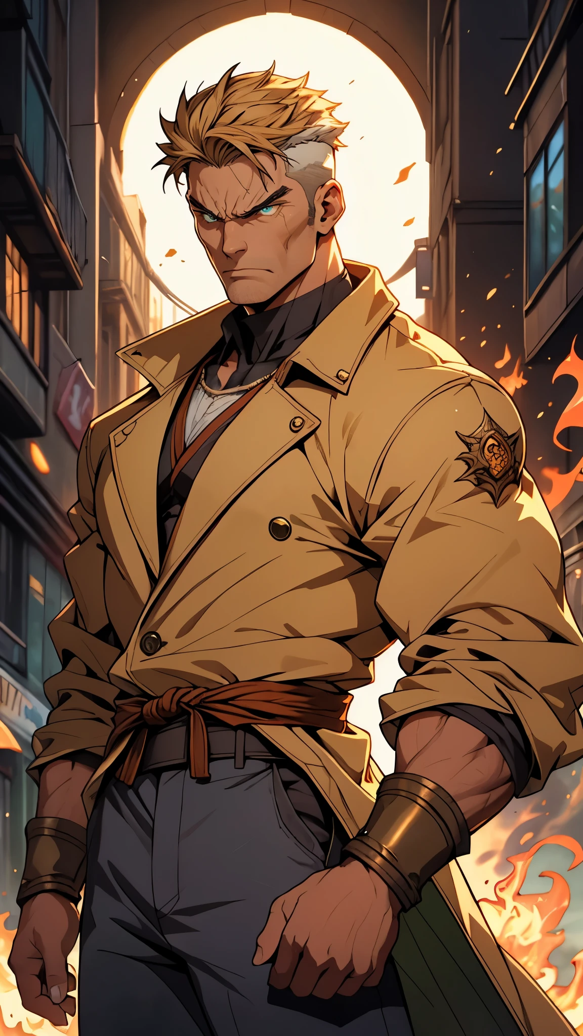A man with short golden hair, middle-parted bangs, a hexagonal metal forehead protector, round glaring eyes filled with anger, a furious expression, chiseled facial features, a muscular build, an orange fantasy martial arts-style coat with flame-shaped decorations on the collar, a luxurious red and white undershirt, matching trousers, the backdrop of a fantasy-style city street, this character embodies a finely crafted fantasy martial arts-style warrior in anime style, exquisite and mature manga art style, dramatic, high definition, best quality, highres, ultra-detailed, ultra-fine painting, extremely delicate, professional, perfect body proportions, golden ratio, anatomically correct, symmetrical face, extremely detailed eyes and face, high quality eyes, creativity, RAW photo, UHD, 32k, Natural light, cinematic lighting, masterpiece-anatomy-perfect, masterpiece:1.5
