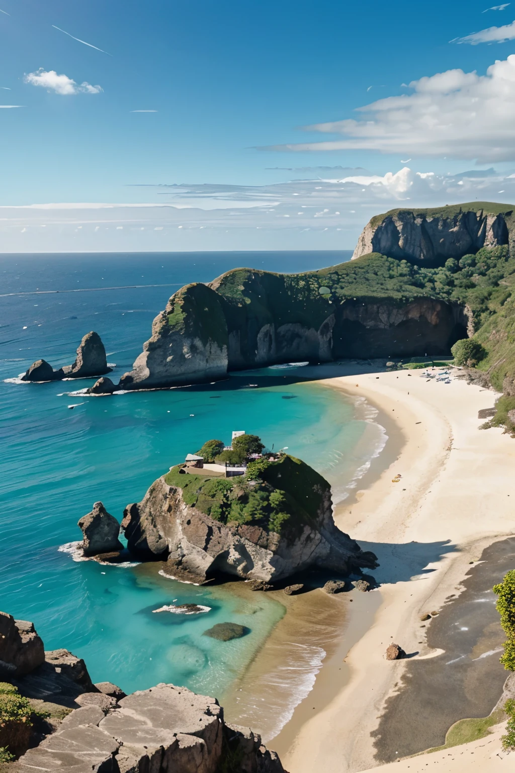 Make me a cartoon style drawing of an island with a beach and rocks in the sea.