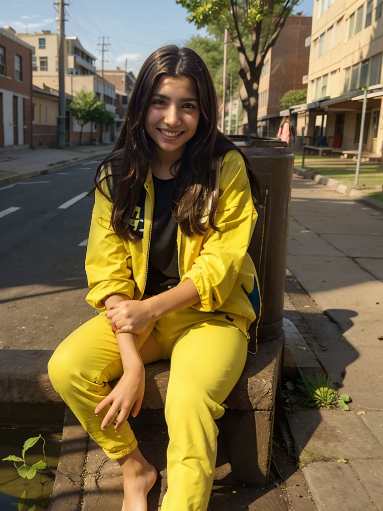 The story begins in a high school where a group of students gather and discuss the importance of morality, a 22 year old girl with water on her feet.
yellow jacket, yellow pants, smile, barefoot,
