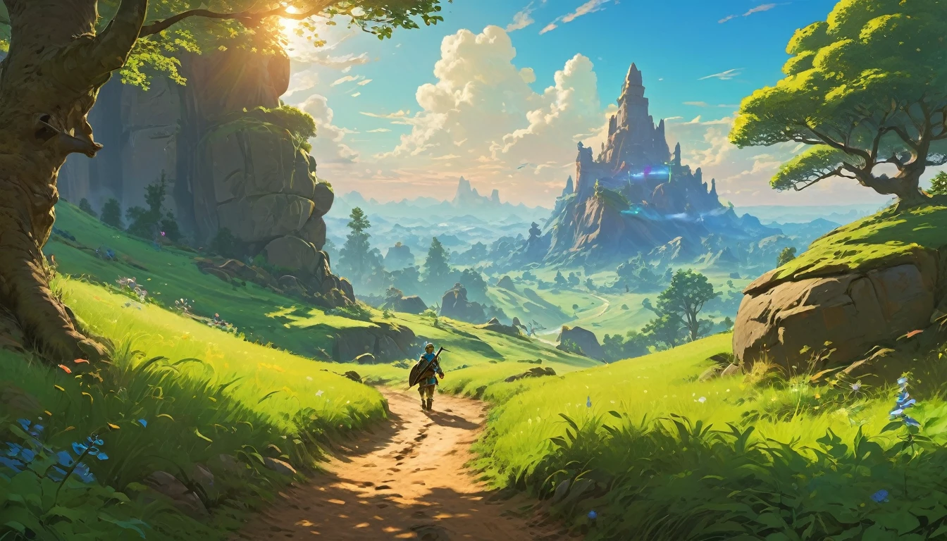 (by Greg Rutkowski: 1.2), (masterpiece, best quality, high resolution, highly detailed, depth of filed, HDR:1.2), extremely delicate and beautiful, illustration, vibrant colors, (fantasy landscape, from Zelda: breath of the wild), A mesmerizing fantasy with enchanting elements blending seamlessly. (a dirt road lead to an entrance to a forest, knight marching, large bushes, boulders)