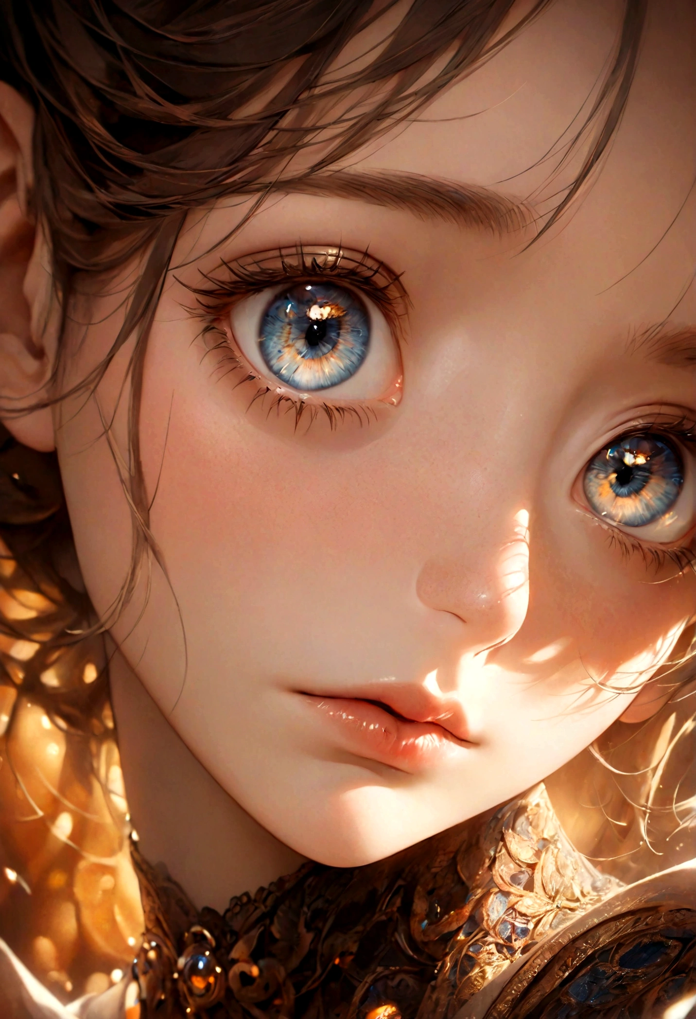 a detailed close-up portrait of a beautiful young woman, perfect skin, big beautiful eyes, long lashes, delicate nose, full lips, soft facial features, natural lighting, high resolution, 8k, hyper detailed, photorealistic, cinematic, dramatic lighting, warm color tones, glowing skin