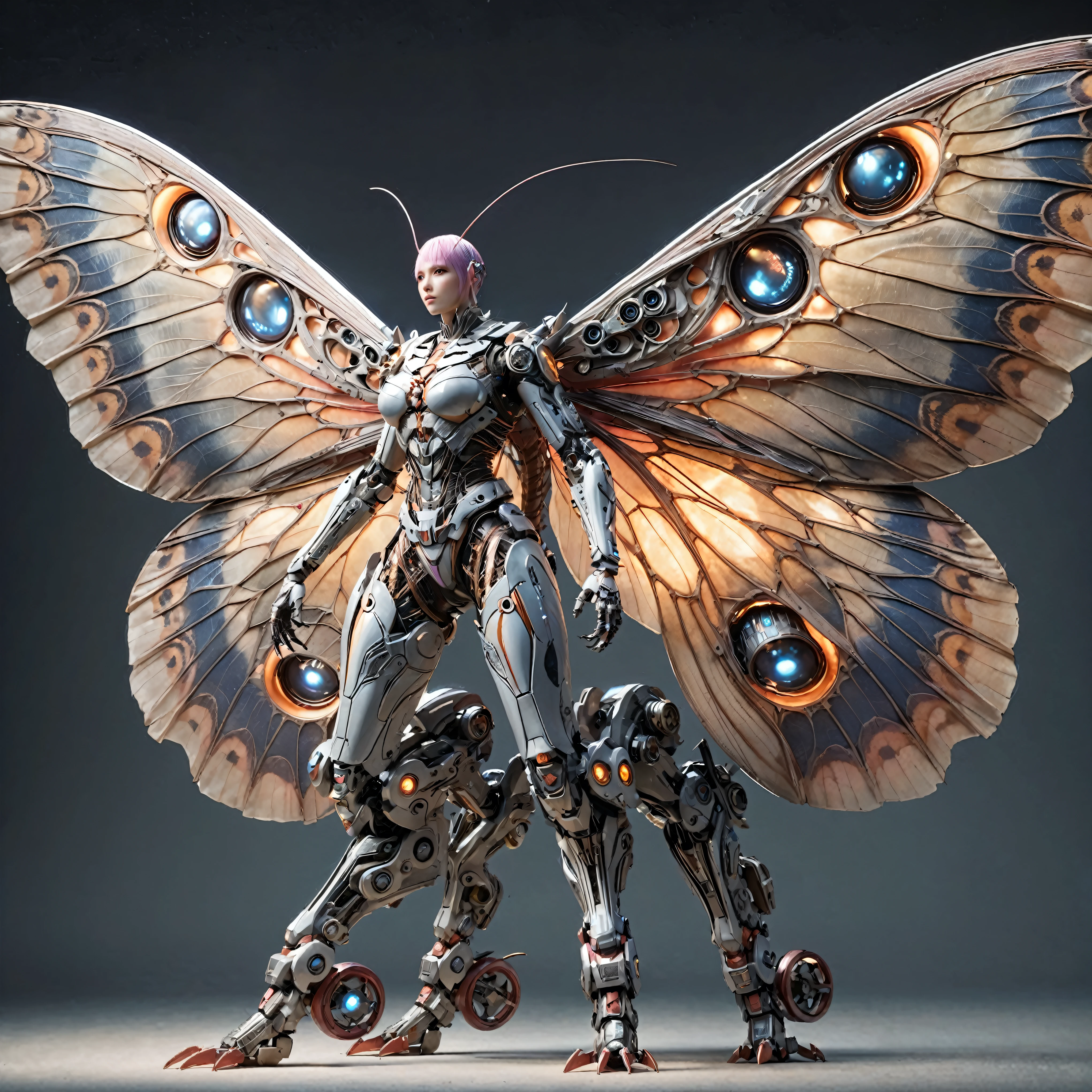 (top-quality:1.2, masterpiece), ultra high res,(Photorealsitic:1.4), (cockroach-like bio insect suit:1.3), heavy weapons,large wings, vivid textures,insect legs, pink  hair, glowy skin, japanese girl beautiful face,  ((super realistic intricate details)), full body shot, globalillumination, octan render, ultrasharp, character edge light, Details of complex ornaments, Acrylic Clear Cover, Hydraulic cylinder