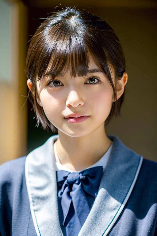 highest quality, Face Focus, Soft Light, Ultra-high resolution, (Realistic:1.4), RAW Photos, 1 Japanese girl, alone, cute, (A shy smile:0.5), (Brown eyes, Light in your eyes), Beautiful face in every detail, (Small box),(High resolution detail of human skin texture), (Short Bob Hair), break, In the classroom,Navy uniform, Best, skirt