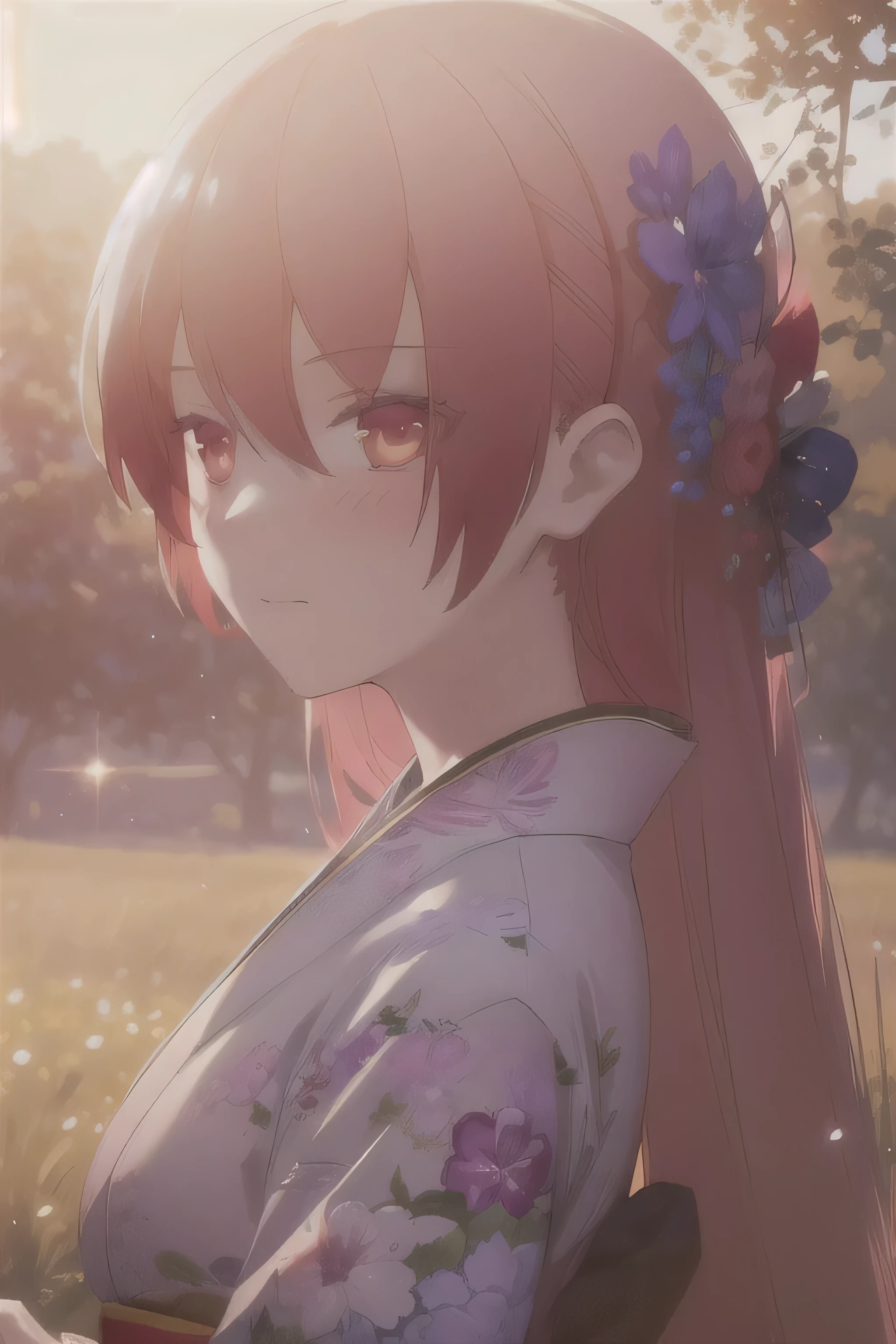 Portrait of a pretty woman in a bright and windy field, river、kimono, (Backlight), Realistic, masterpiece, highest quality, Lens flare, shade, bloom, [[chromatic aberration]], Jeremy Lipking, Antonio J.. Manzanedo, Digital Painting, Style - Glass Final, Natural skin texture