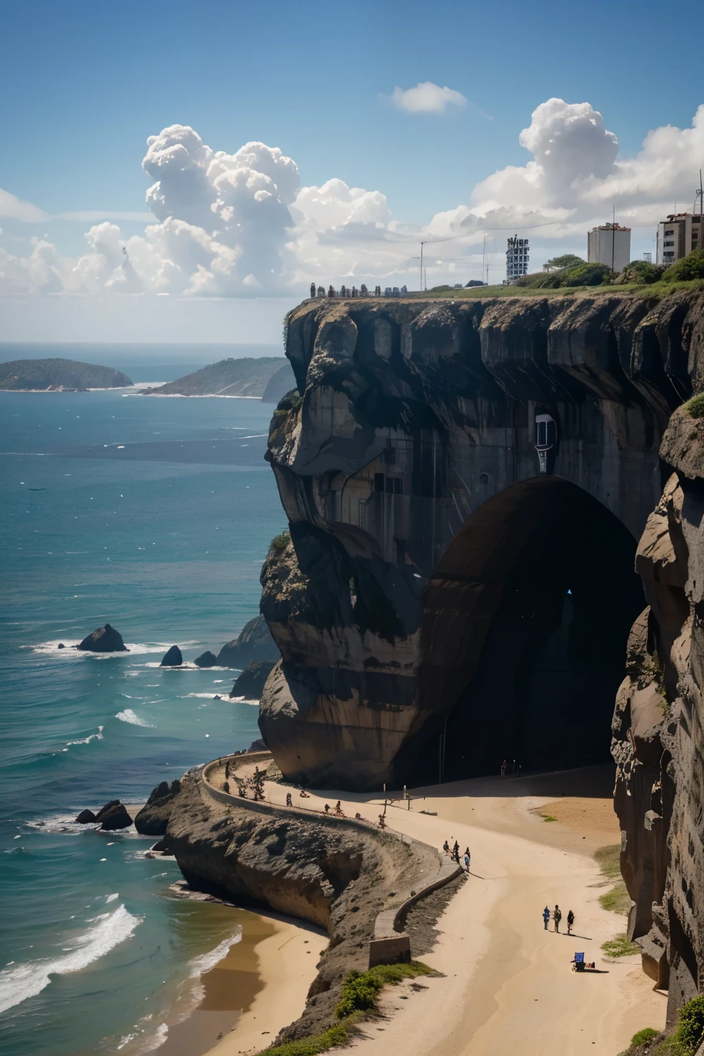 Corrente gigante de ferro pendurada em um duas torres, uma de cada lado, tentre a entrada de uma baia