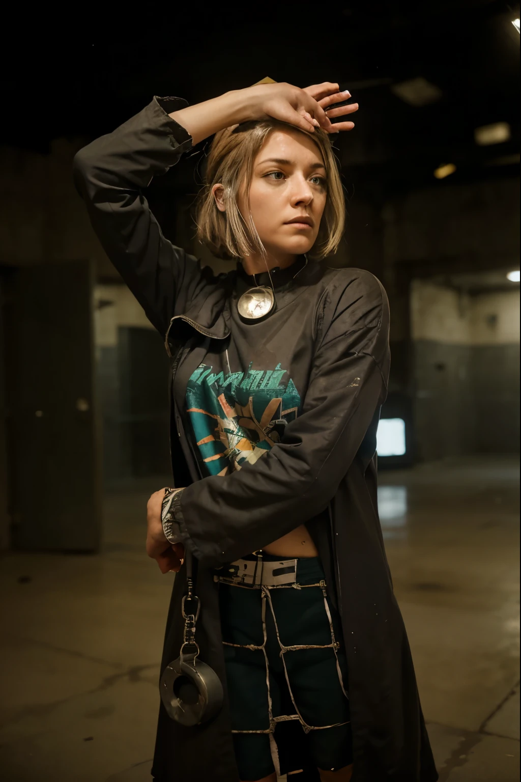 ((masterpiece, best quality)), Spiky haired brunette tall Caucasian female wrestler, black ripped shirt with Illuminati decals, white exposed bra, white wrist tape on right arm, wrist bandana on left arm, beige denim shorts with leather belt, black ripped socks, photo realistic, intricate details