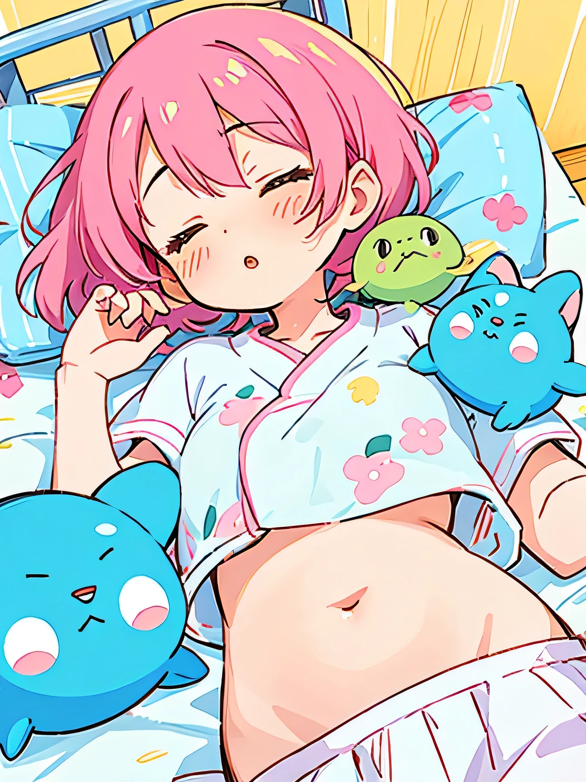 Fujio Akatsuka style, Kawaii Design, The most beautiful girl of all time、Chibi, Taking a nap、Navel out, hospital bed