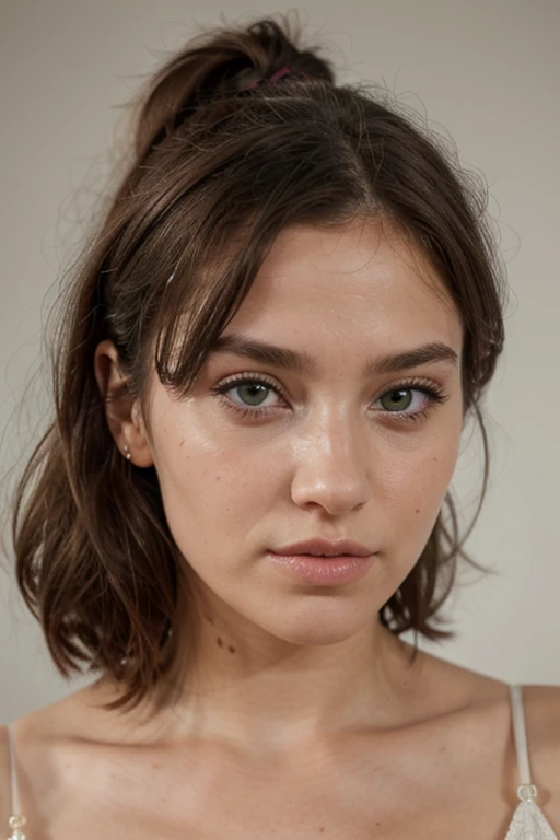 ((Best quality)), (detailed), visage parfait, Realistic, cheveux_brune, cheveux_long, yeux_vert, couleur_yeux_realiste, grosse levre, big lips, Head