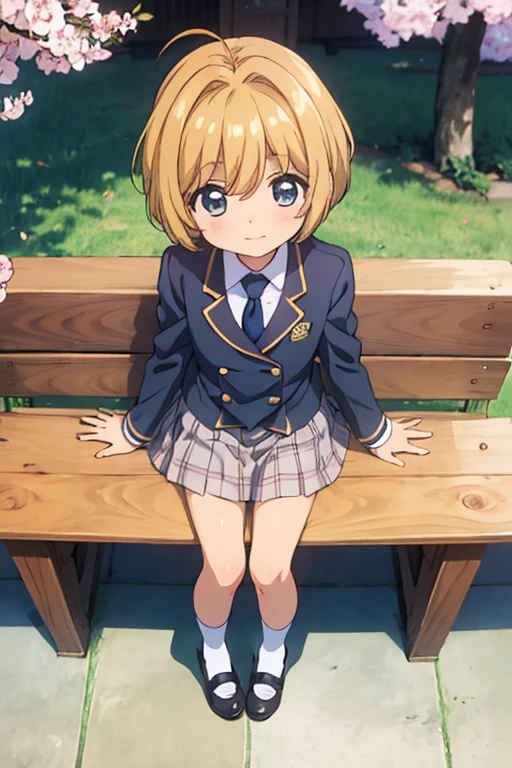 masterpiece, highest quality, High resolution,kawaii, anime, Cute,Cherry blossom park,1 boy dressed as a woman, Age is 9 years old,Are standing,short bob hair,chestnut hair,navy blazer with trim,Plaid tie,plaid skirt,wearing socks,Wearing school-designated pumps,,happy expression,soft atmosphere, Solid depiction of shadows, Light production, Have a positive vibe, Finish with warm shades,diagonal view from above,The left and right legs are the same length,2 legs,5 fingers on hand,full body portrait,Beautiful background,looking at the camera