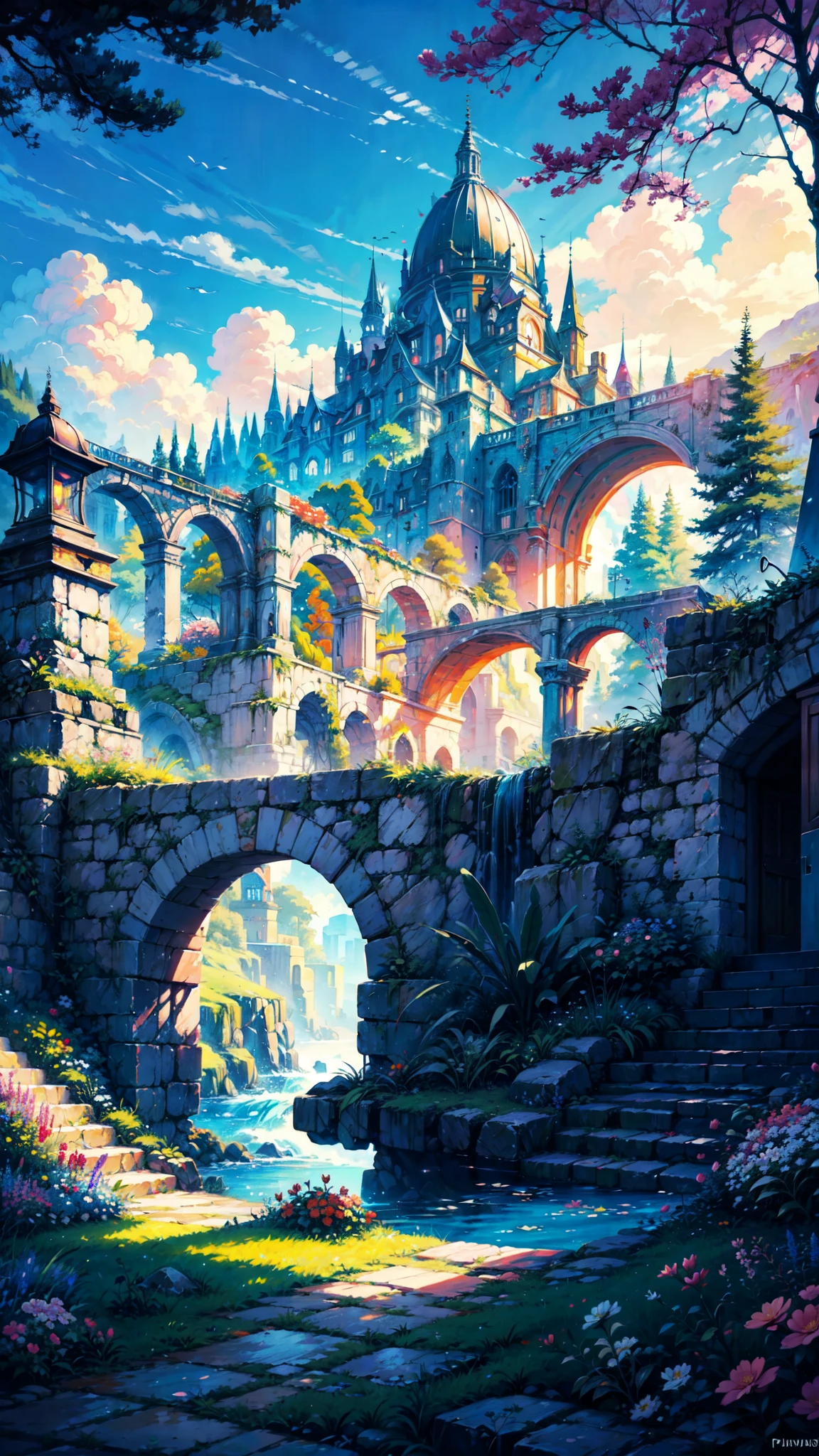 There is a painting of a colorful landscape with trees and flowers, vibrant gouache painting scenery, pintura de paisagem colorida, paisagem campestre anime, paisagem brilhante, scenic colorful environment, Jen Bartel, Paisagem do anime, arte de fundo do anime, anime bela cena de paz, scenery art detailed, Arte bonita UHD 4K, beautiful anime scenery, pintura digital colorida, paisagem de sonho, papel de parede de paisagem anime