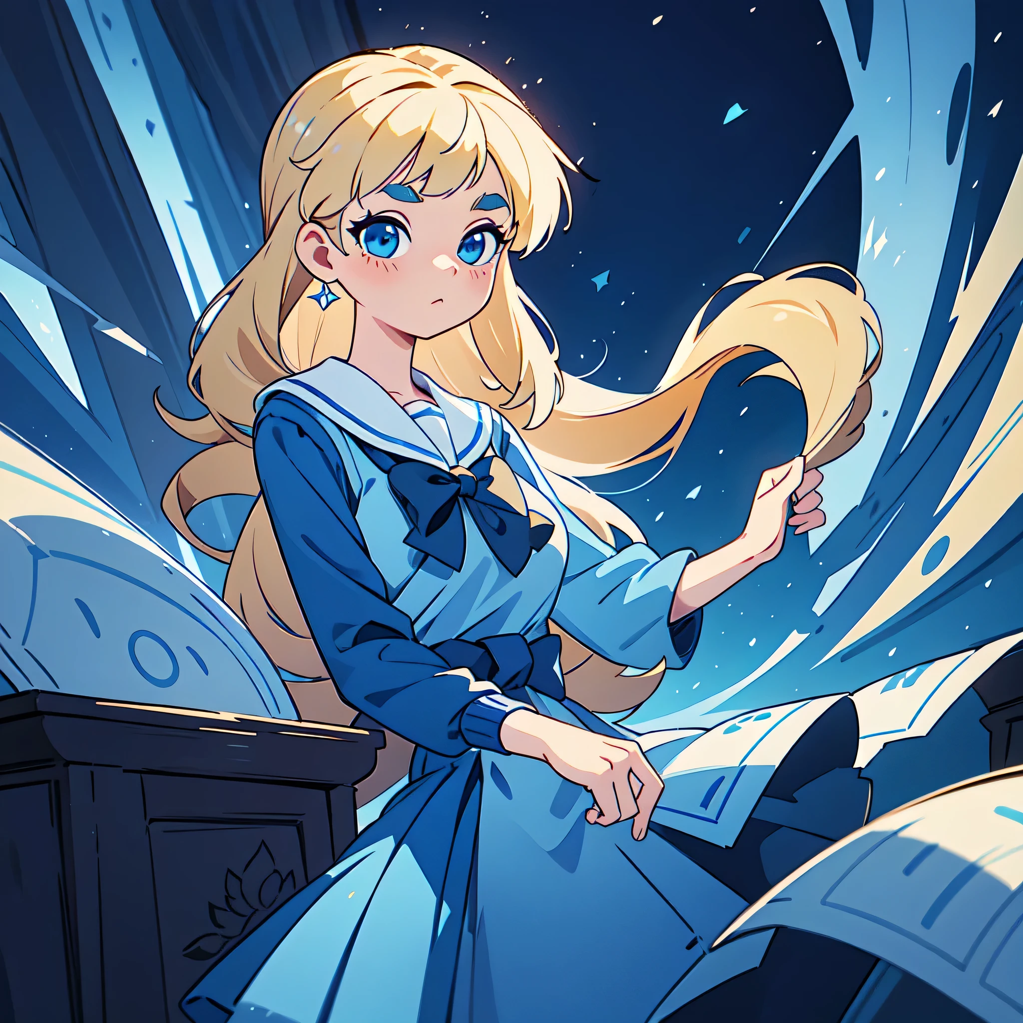 [ Detailed lighting， detailedshadows, 4K, high-quality, breathtaking, super detailing， high detal, tmasterpiece, offcial art, captivating visual, extremely detailed CG unity 8k wallpaper, very fine 8K CG wallpaper, cold look ] classroom ,1 woman, blue eyebrows, blue eyes, blond hair, sailor outfit