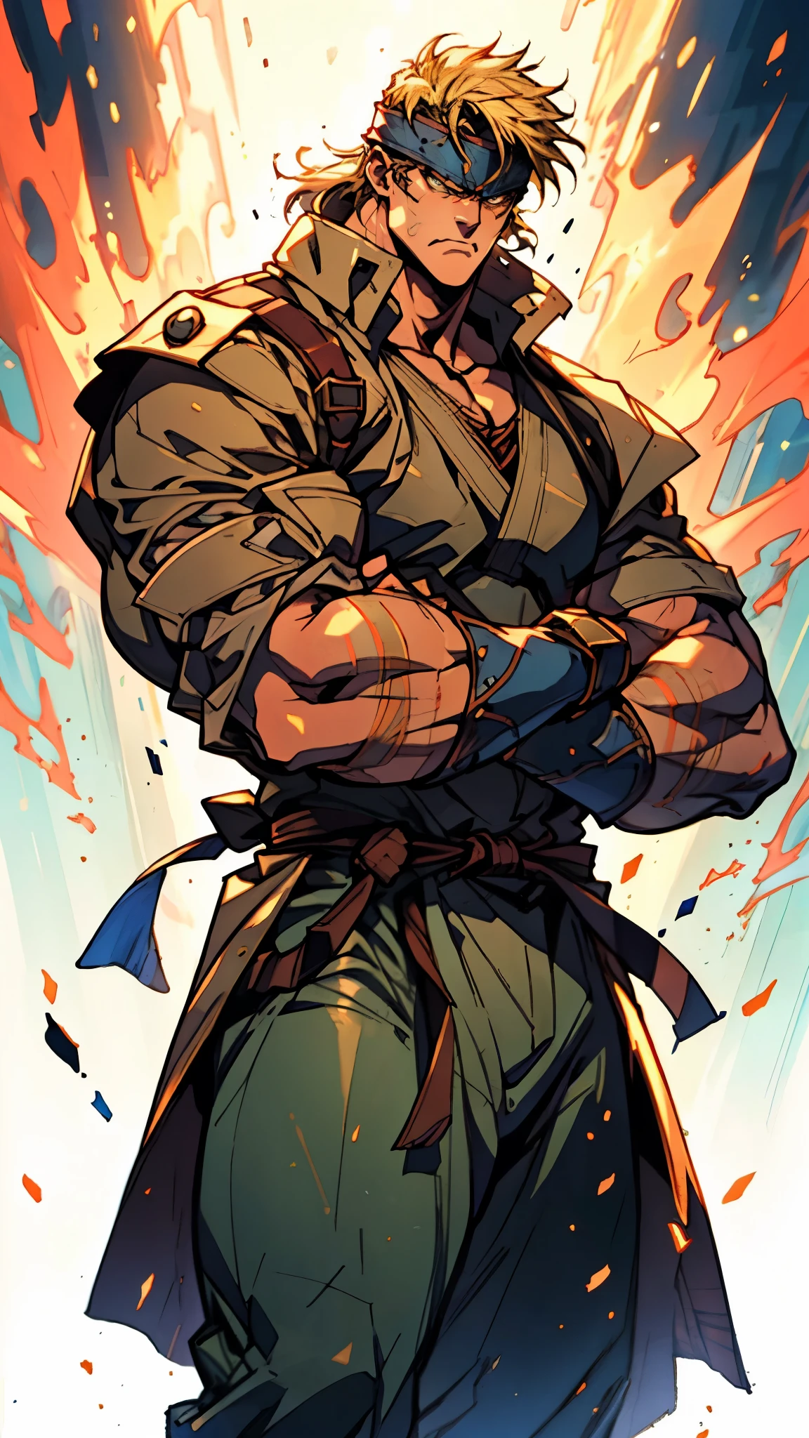 A man with short golden hair, middle-parted bangs, a hexagonal metal forehead protector, round glaring eyes filled with anger, a furious expression, chiseled facial features, a muscular build, an orange fantasy martial arts-style coat with flame-shaped decorations on the collar, a luxurious red and white undershirt, matching trousers, the backdrop of a fantasy-style city street, this character embodies a finely crafted fantasy martial arts-style warrior in anime style, exquisite and mature manga art style, dramatic, high definition, best quality, highres, ultra-detailed, ultra-fine painting, extremely delicate, professional, perfect body proportions, golden ratio, anatomically correct, symmetrical face, extremely detailed eyes and face, high quality eyes, creativity, RAW photo, UHD, 32k, Natural light, cinematic lighting, masterpiece-anatomy-perfect, masterpiece:1.5