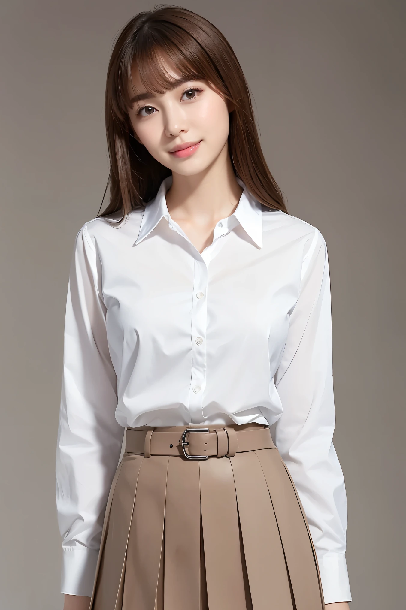 (highest quality、Tabletop、8k、Best image quality、Award-winning works)、One cute high school girl、(White polyester collared shirt:1.1)、(Navy Pleated Skirt:1.1)、Girl portrait photography、Glowing Skin、Brown Hair、Standing in model pose、(The simplest pure white background:1.1)、(Large Breasts:1.1)、(Accentuate your body lines:1.1)