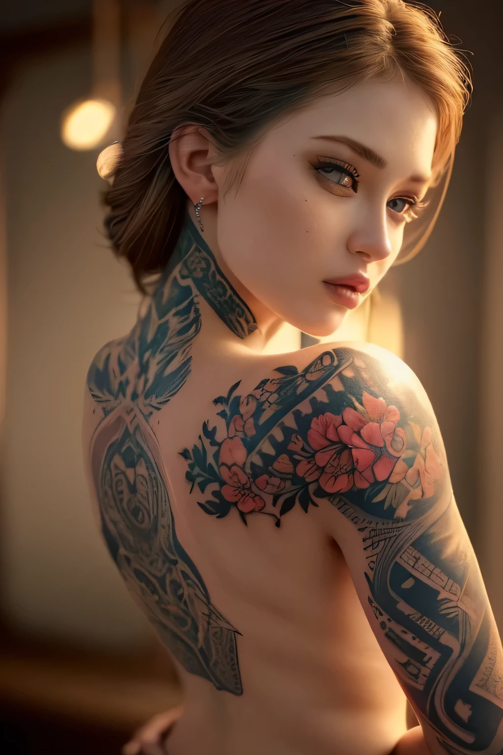 a detailed tattoo on the back of a woman, intricate floral design, photorealistic, cinematic lighting, warm tones, masterpiece, hyper detailed, (best quality,4k,8k,highres,masterpiece:1.2),ultra-detailed,(realistic,photorealistic,photo-realistic:1.37),beautiful detailed eyes,beautiful detailed lips,extremely detailed eyes and face,long eyelashes,high quality, intricate tattoo design, cinematic lighting, warm colors, stunning visual, exquisite details