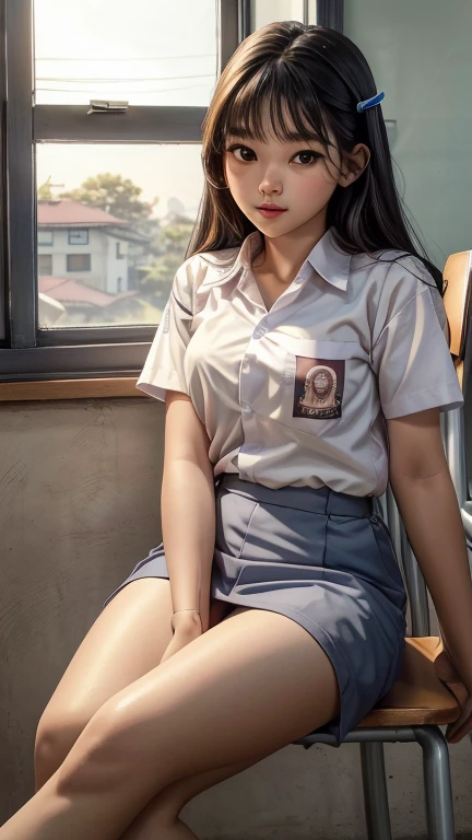 top-quality、hight resolution、ultra-detailliert、masterpiece、Raw photography:2、realisitic:2、Photorealsitic:2、extremely delicate and beautiful、finely detail、Textured skin、1girl in、japanes、 (Solo)、(Chest Up Shot)、18-year-old 、(Sitting on a school chair by the window)、She's looking at this、Sunset hits、(Super beautiful girl:1.5)、(A detailed face)、Adult face、Bare legs、Black hair、(White short shirt and grey short shirt)、highschool、crass room、School Desks and Chairs