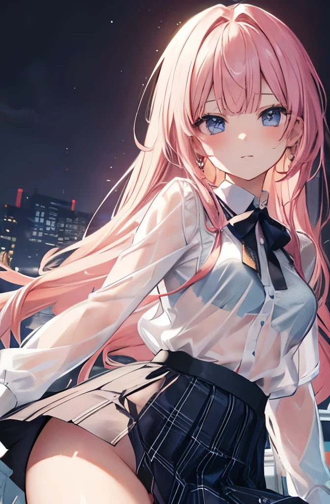 Best anime quality,8k,High definition,18-year-old,Confused face,blouse,,See-through bra,Checked mini skirt,Straight Hair,