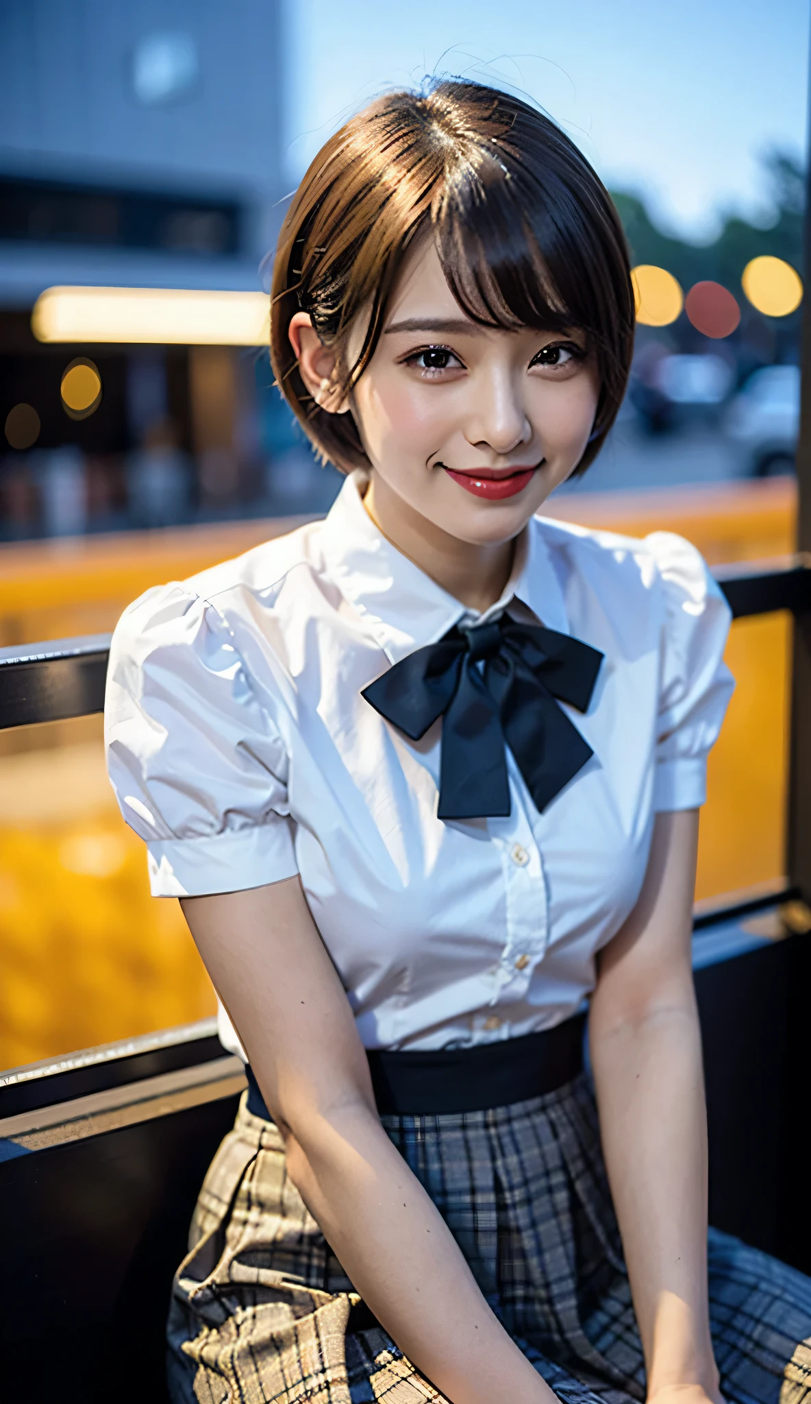 (8k, RAW Photos, highest quality, masterpiece:1.2), (Realistic, photo-Realistic:1.37), Super detailed,
1 girl,cute, alone,Beautifully detailed skies,Detailed cafe,night,Sitting,Date,(Red nose),(smile:1.1),(Mouth closed),Big Breasts, seductive smile, Wide opening, Professional Lighting, Sony A7R4, Zesse 50mm F1.8,
Medium chest,Beautiful fine details,(Collared shirt:1.1), bow tie,Pleated skirt,(short hair:1.2),Floating Hair