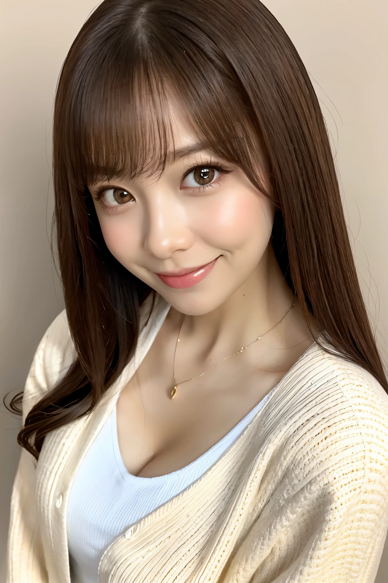 (highest quality、Tabletop、8k、Best image quality、Award-winning works)、1 pretty girl、(White fluffy elegant open cardigan:1.1)、(Very smooth and finely textured elegant open cardigan:1.1)、Perfect Girl Portrait Photo、Glowing Skin、Brown Hair、(Cleavage:1.1)、standing elegantly、Small face、(Big pretty eyes:1.1)、(Close-up of face:1.1)、A cute little smile、(The simplest beige background:1.1)