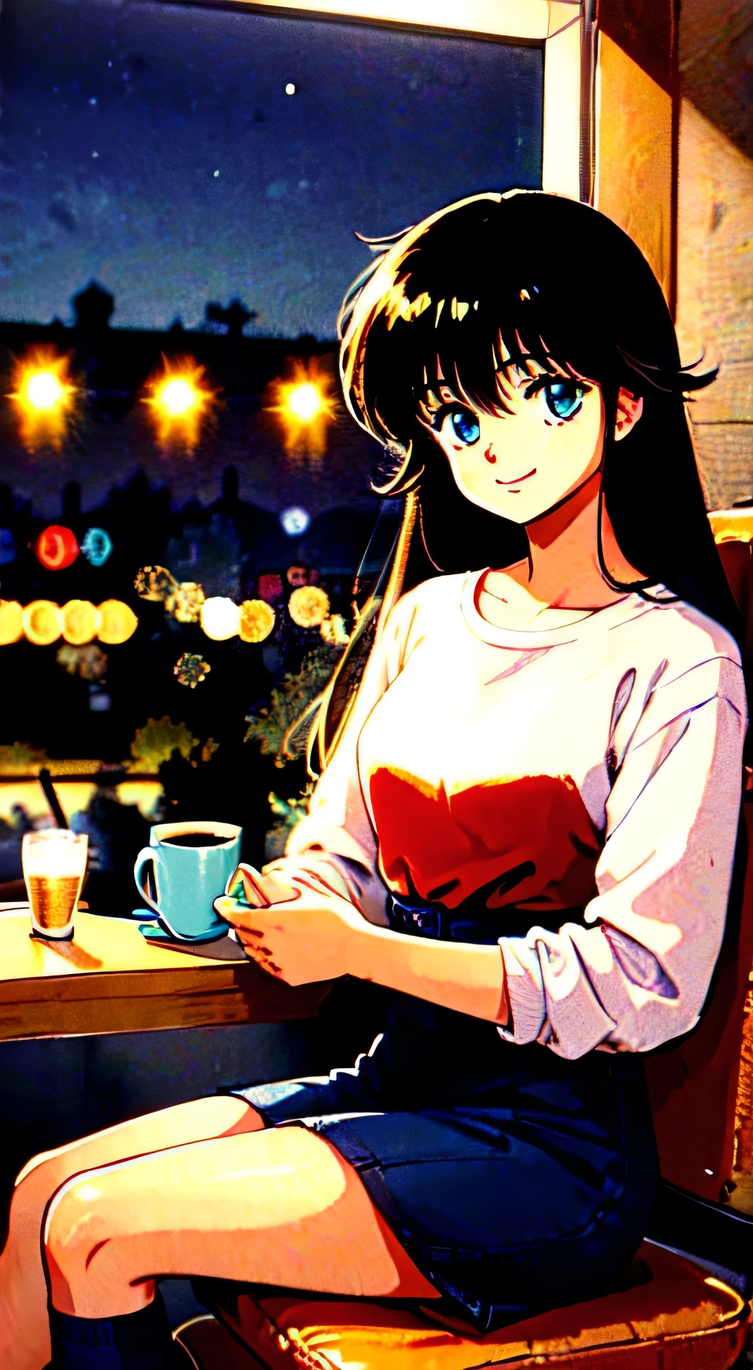 Retro、Long-haired girl sitting in a coffee shop、Smiling gently、The background is a night view