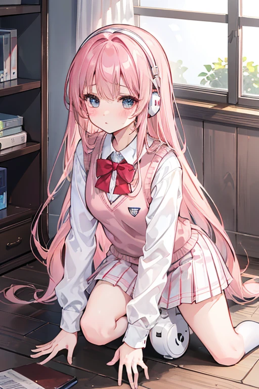 (8k、highest quality、masterpiece:1.2)、Illustration touch、Ultra-detailed、Super A High Resolution、Light pink hair、long hair、Headphones、One woman in uniform、clear、High 、White long sleeve blouseとnavy blue sweater vest、White long sleeve blouse、The blouse is buttoned、small red ribbon on the chest、navy blue sweater vest、Red tartan check skirt、mini skirt、White Pantyhose、Slender figure、On all fours、ベッドにOn all foursで腰を上げている、Inner thighs、White panties、Blushing with a crying expression