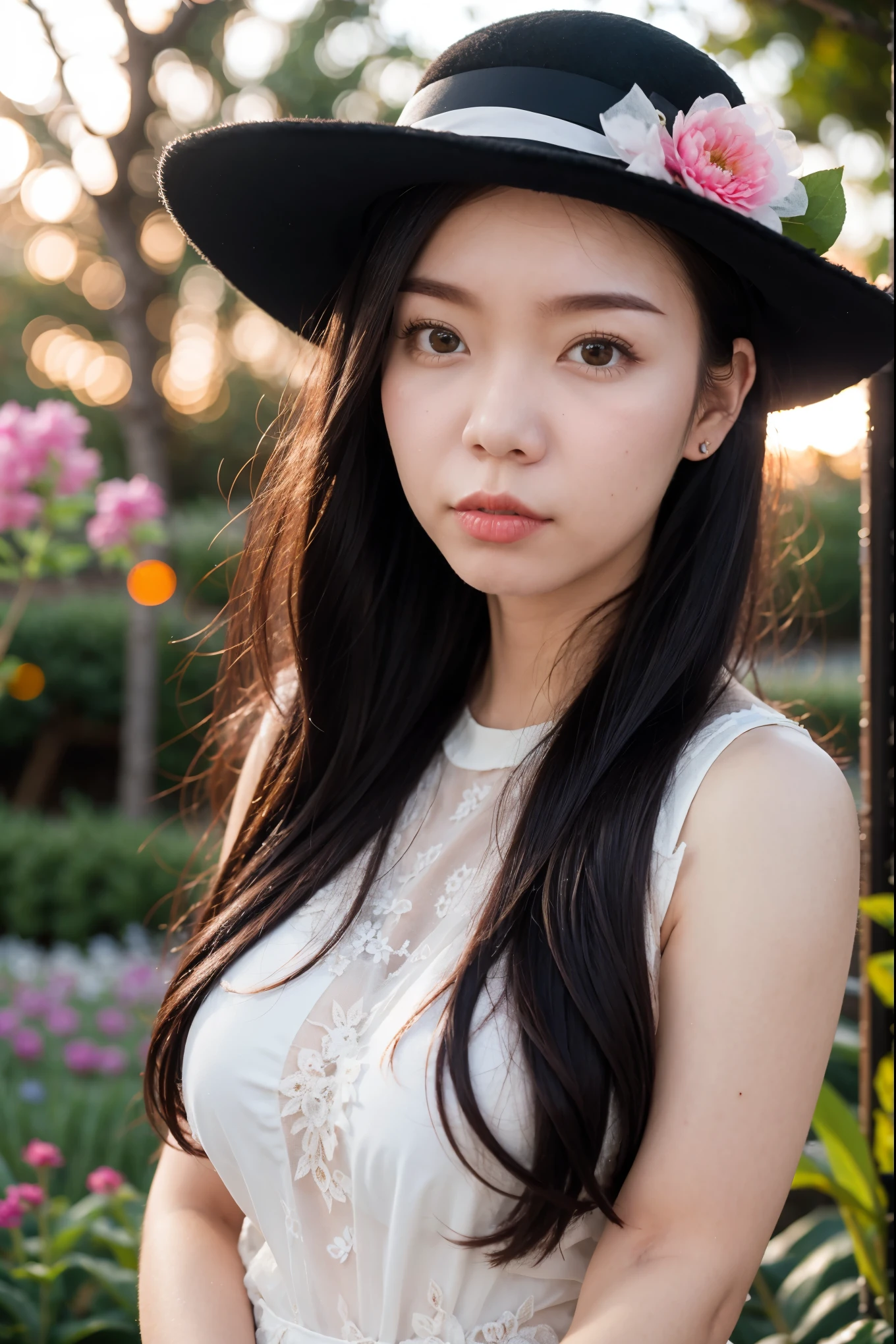 (masterpiece, best quality:1.2), 1girl, Asian Teenage, ParewaFace, black long hair, bang hair, solo, gigantic breasts, (medium long shot), wearing gothic white organza dress, wearing flower wide hat, against pink flower garden, sunset, blurry background, (bokeh)