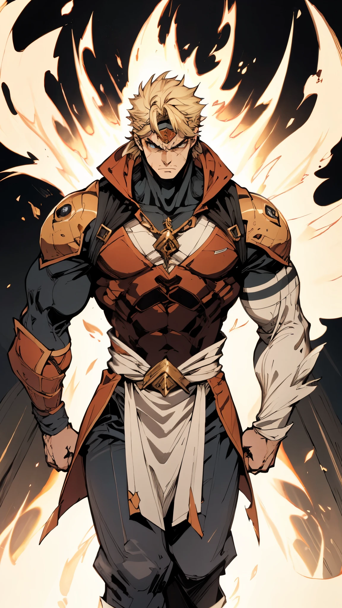 A man with short golden hair, middle-parted bangs, a hexagonal metal forehead protector, round glaring eyes filled with anger, a furious expression, chiseled facial features, a muscular build, an orange fantasy martial arts-style coat with flame-shaped decorations on the collar, a luxurious red and white undershirt, matching trousers, the backdrop of a fantasy-style city street, this character embodies a finely crafted fantasy martial arts-style warrior in anime style, exquisite and mature manga art style, dramatic, high definition, best quality, highres, ultra-detailed, ultra-fine painting, extremely delicate, professional, perfect body proportions, golden ratio, anatomically correct, symmetrical face, extremely detailed eyes and face, high quality eyes, creativity, RAW photo, UHD, 32k, Natural light, cinematic lighting, masterpiece-anatomy-perfect, masterpiece:1.5