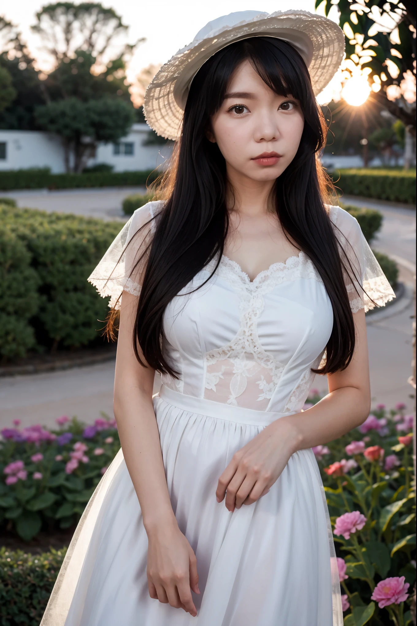 (masterpiece, best quality:1.2), 1girl, Asian Teenage, ParewaFace, black long hair, bang hair, solo, gigantic breasts, (medium long shot), wearing gothic white organza dress, wearing flower wide hat, against pink flower garden, sunset, blurry background, (bokeh)