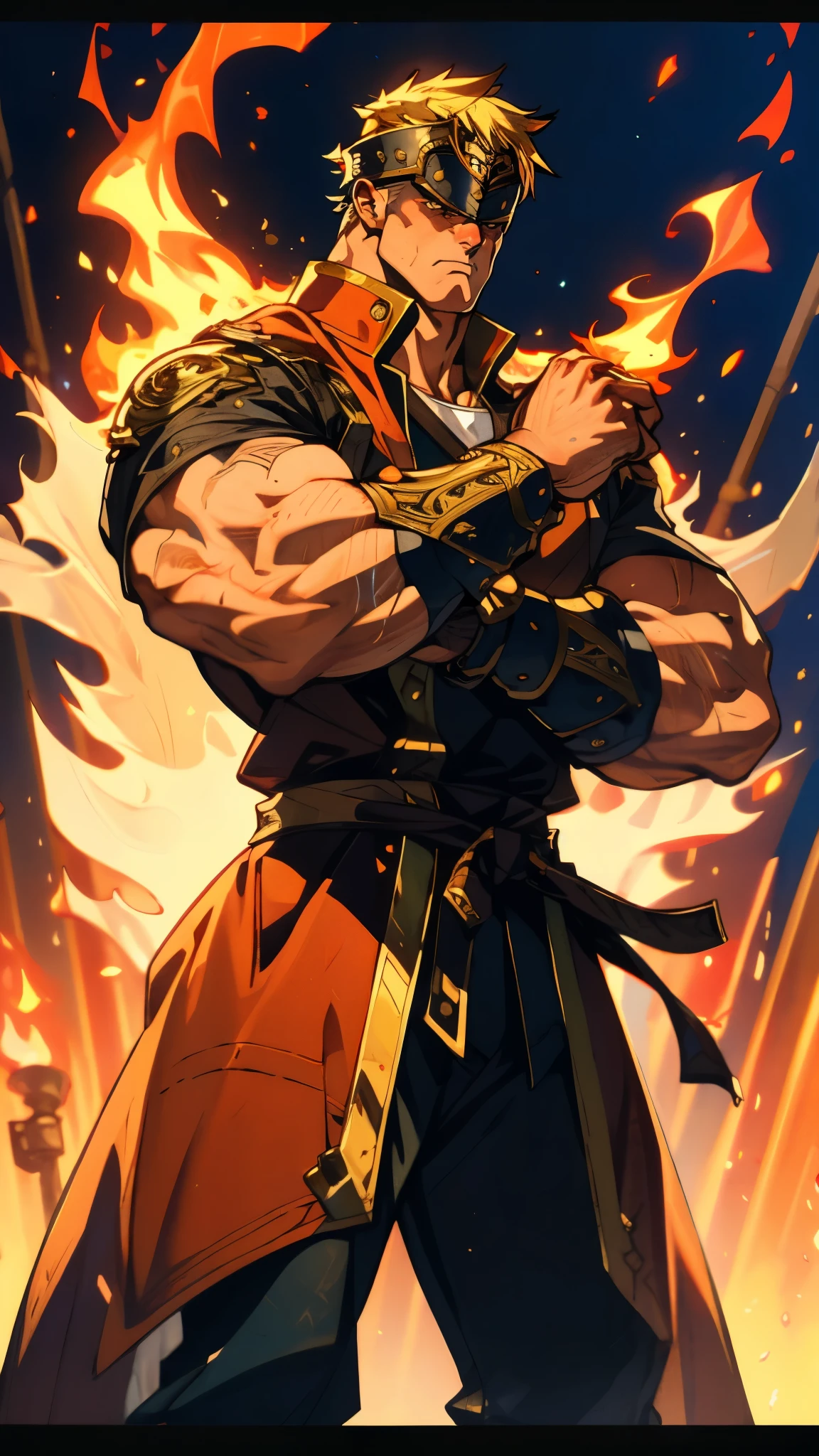 A man with short golden hair, middle-parted bangs, a hexagonal metal forehead protector, round glaring eyes filled with anger, a furious expression, chiseled facial features, a muscular build, an orange fantasy martial arts-style coat with flame-shaped decorations on the collar, a luxurious red and white undershirt, matching trousers, the backdrop of a fantasy-style city street, this character embodies a finely crafted fantasy martial arts-style warrior in anime style, exquisite and mature manga art style, dramatic, high definition, best quality, highres, ultra-detailed, ultra-fine painting, extremely delicate, professional, perfect body proportions, golden ratio, anatomically correct, symmetrical face, extremely detailed eyes and face, high quality eyes, creativity, RAW photo, UHD, 32k, Natural light, cinematic lighting, masterpiece-anatomy-perfect, masterpiece:1.5