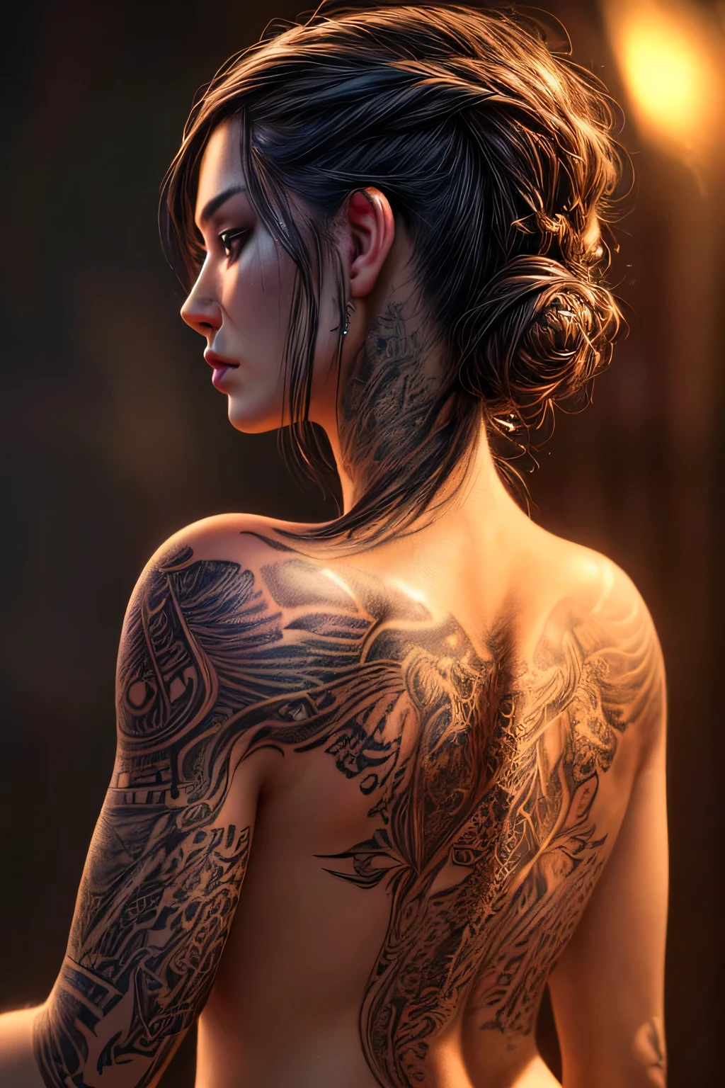 A beautiful young woman, detailed backshot, intricate tattoo design, HD, 8K highly detailed and sharp, photorealistic, delicate skin, perfect lighting, dramatic composition, elegant pose, breathtaking background, cinematic atmosphere