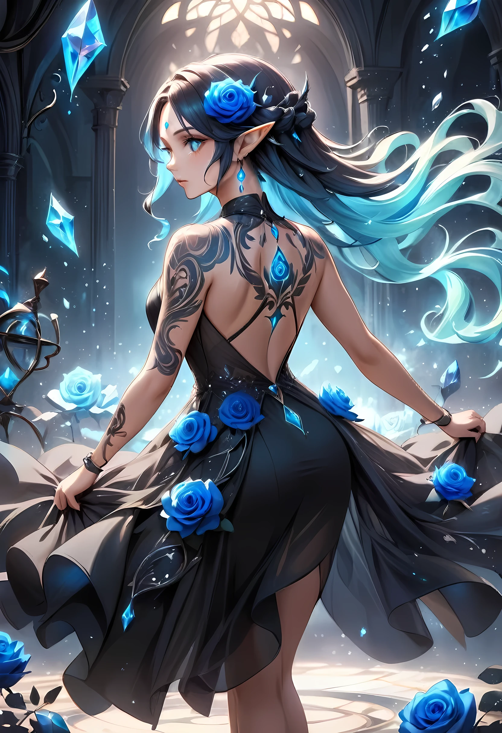 Arafed, Dark fantasy art, fantasy art, goth art, a picture of a tattoo on the back of a female elf,  of  glowing tattoo of a ((blue rose: 1.3)) the rose tattoo is vivid, intricate detailed coming to life rose from the ink to real life, AlchemyPunkAI, shoot taken from the back, ((the back is visible: 1.3), she wears a transparent  black dress, the dress is elegant, flowing, elven style, that the tattoos glow, dynamic hair color, dynamic hair style, crystalline dress