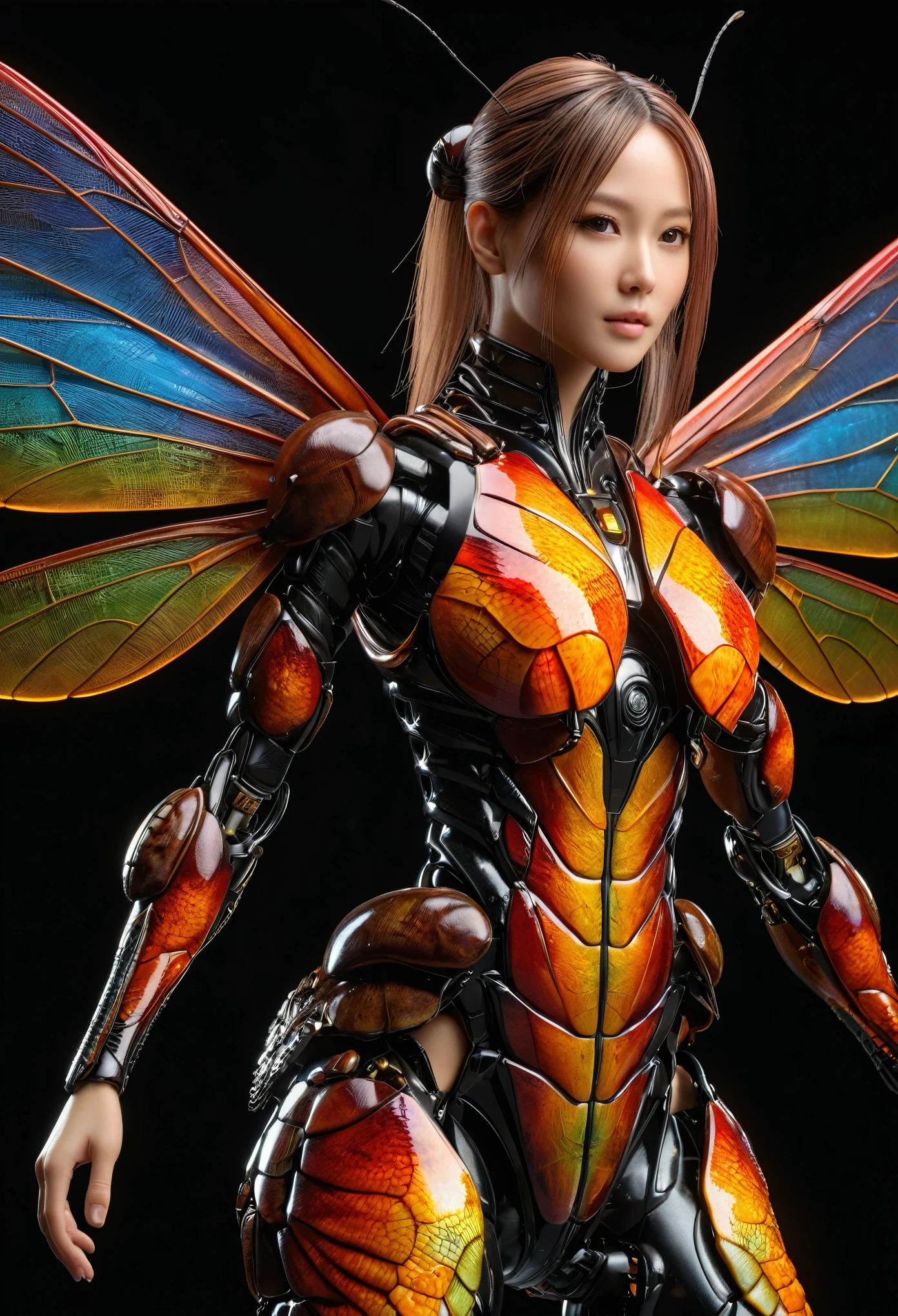 (top-quality:1.2, masterpiece), ultra high res,(Photorealsitic:1.4), (cockroach-like bio insect suit:1.3), heavy weapons,large wings, vivid textures,insect legs, colorful hair, glowy skin, japanese girl beautiful face, ((super realistic intricate details)), full body shot, globalillumination, octan render, ultrasharp, character edge light, Details of complex ornaments, Acrylic Clear Cover, Hydraulic cylinder