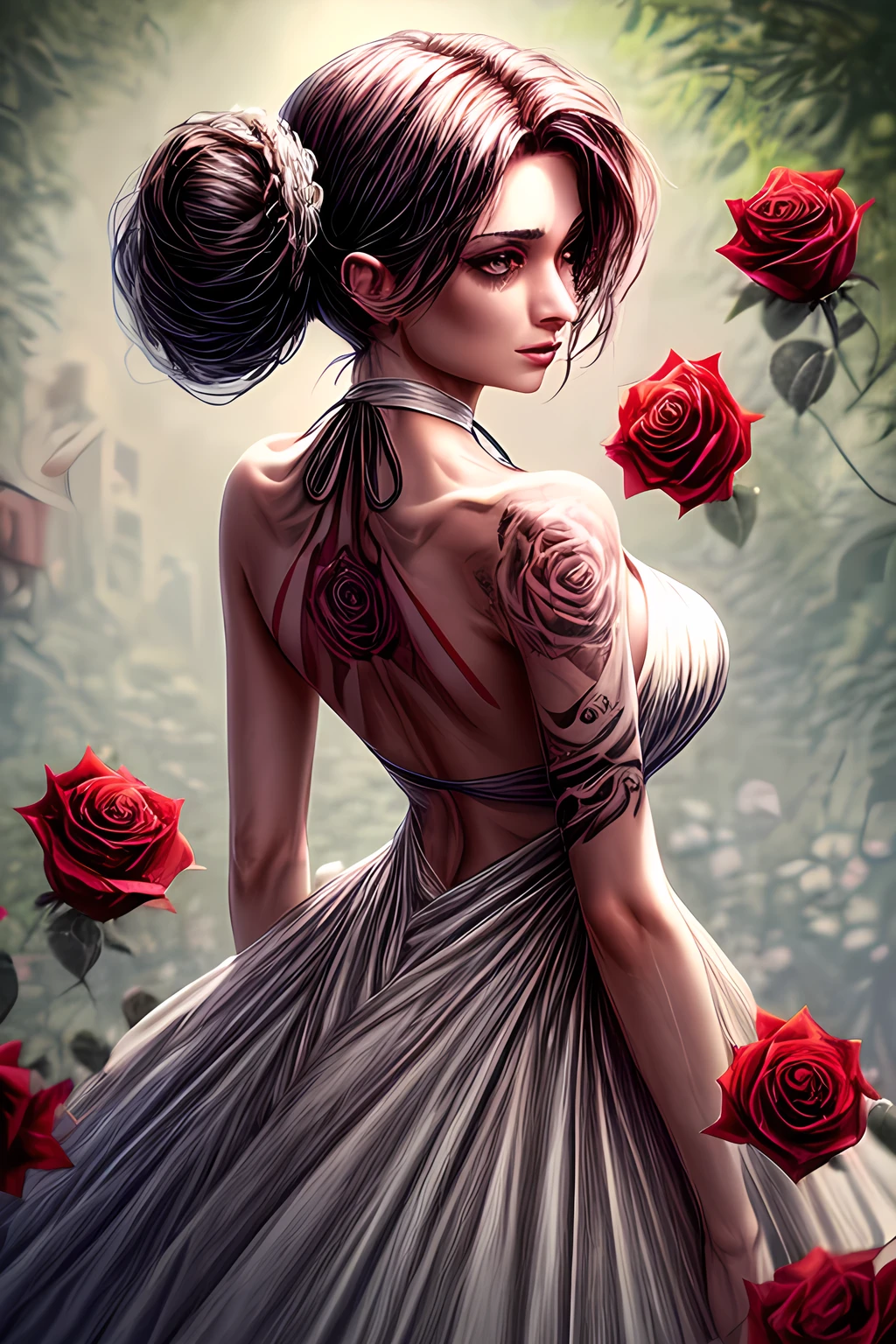A woman in a halter neck dress has a single rose tattooed on her back