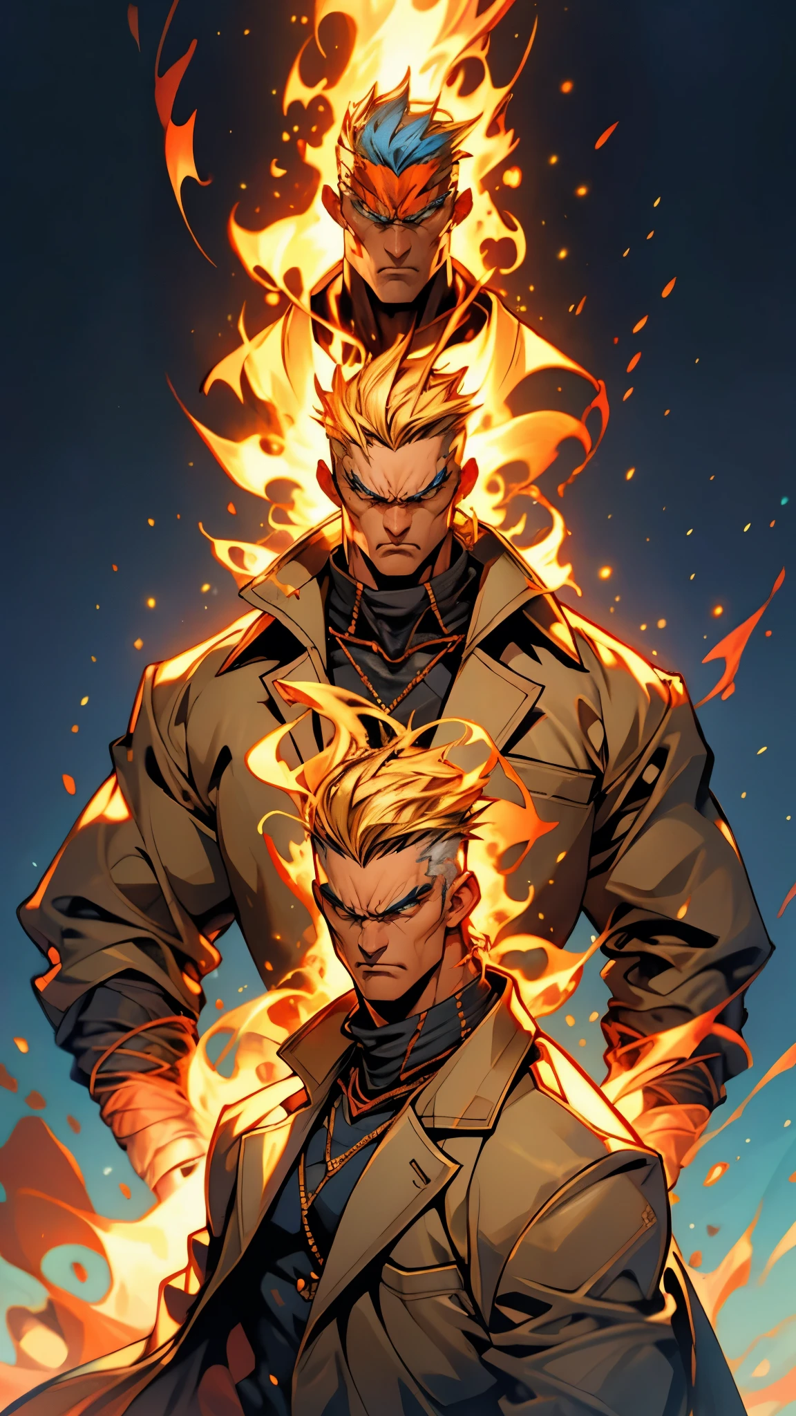 A man with short golden hair, middle-parted bangs, a hexagonal metal forehead protector, round glaring eyes filled with anger, a furious expression, chiseled facial features, a muscular build, an orange fantasy martial arts-style coat with flame-shaped decorations on the collar, a luxurious red and white undershirt, matching trousers, the backdrop of a fantasy-style city street, this character embodies a finely crafted fantasy martial arts-style warrior in anime style, exquisite and mature manga art style, dramatic, high definition, best quality, highres, ultra-detailed, ultra-fine painting, extremely delicate, professional, perfect body proportions, golden ratio, anatomically correct, symmetrical face, extremely detailed eyes and face, high quality eyes, creativity, RAW photo, UHD, 32k, Natural light, cinematic lighting, masterpiece-anatomy-perfect, masterpiece:1.5